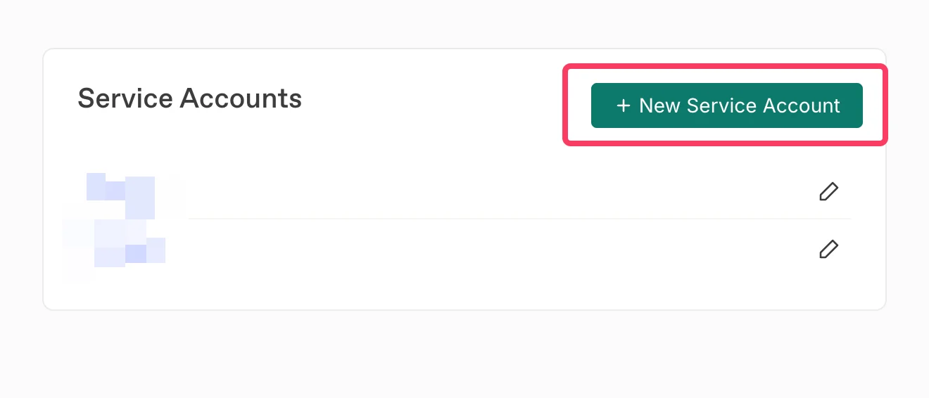 Seite Service Accounts mit hervorgehobenem Button New Service Account