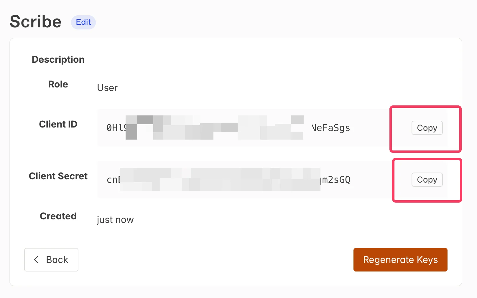 Zugangsdaten des Servicekontos mit Schaltflächen zum Kopieren von Client ID und Client Secret sowie Scribe-Eingabefeldern darunter