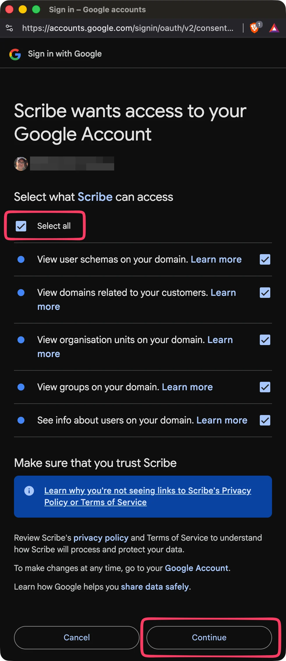 Google API scopes selection