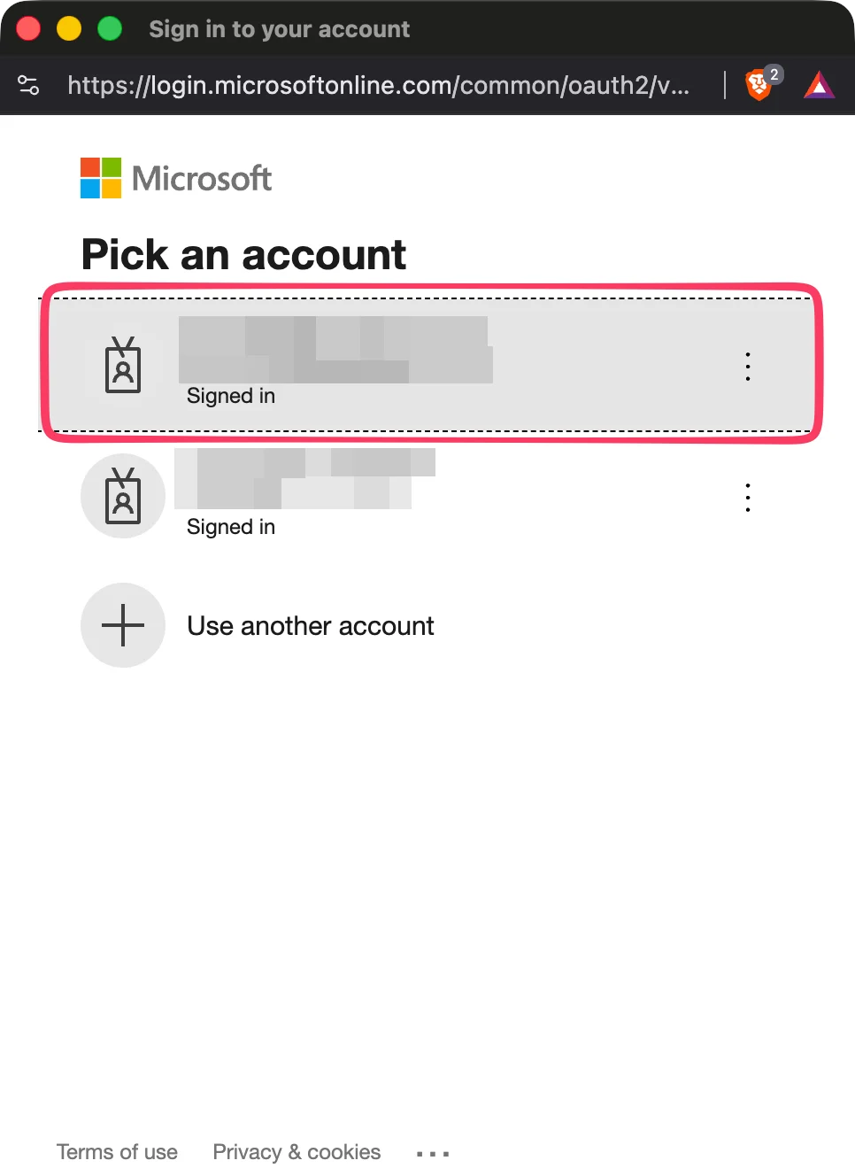 Selezione account Microsoft