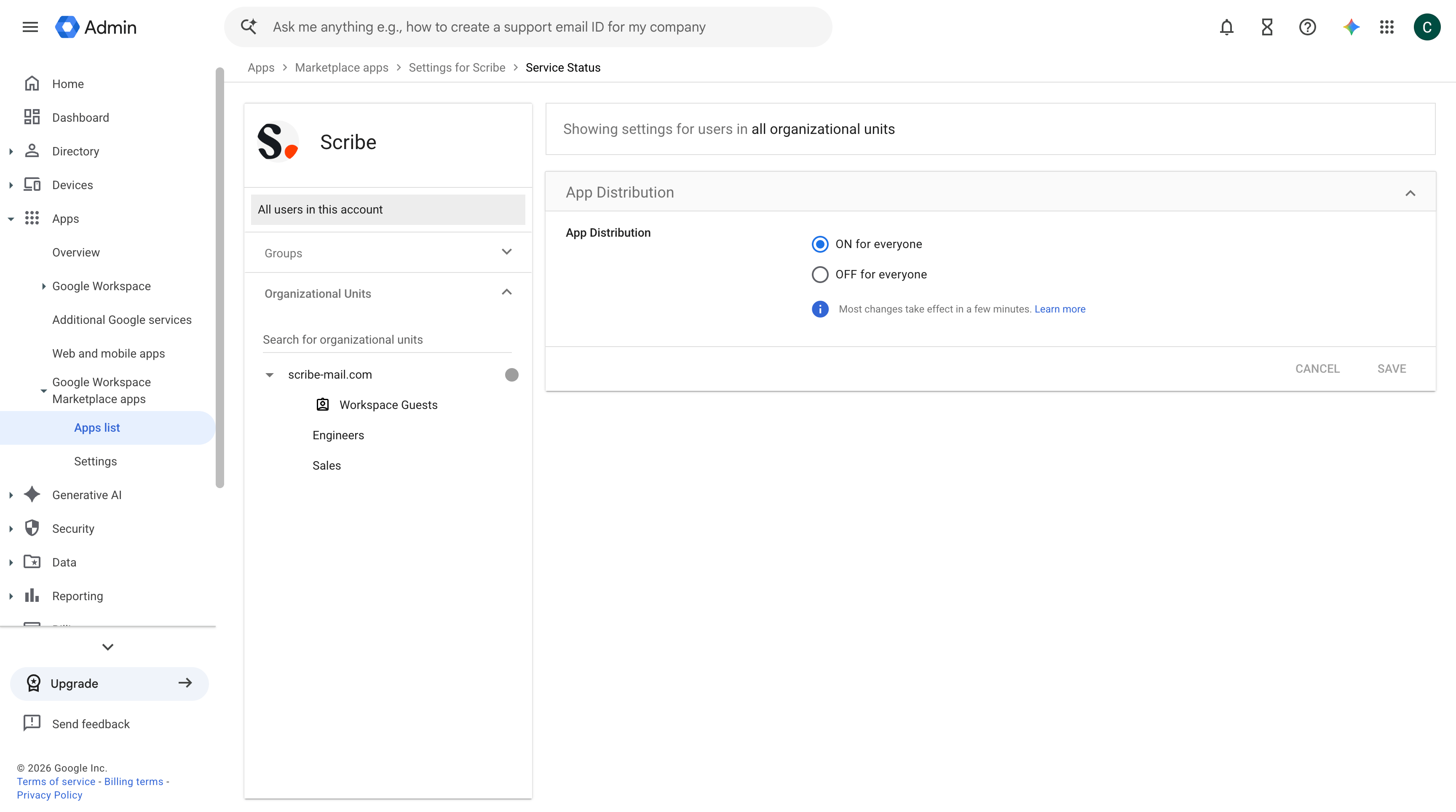 Google Workspace app distribution settings with the organizational unit tree and the On for everyone option