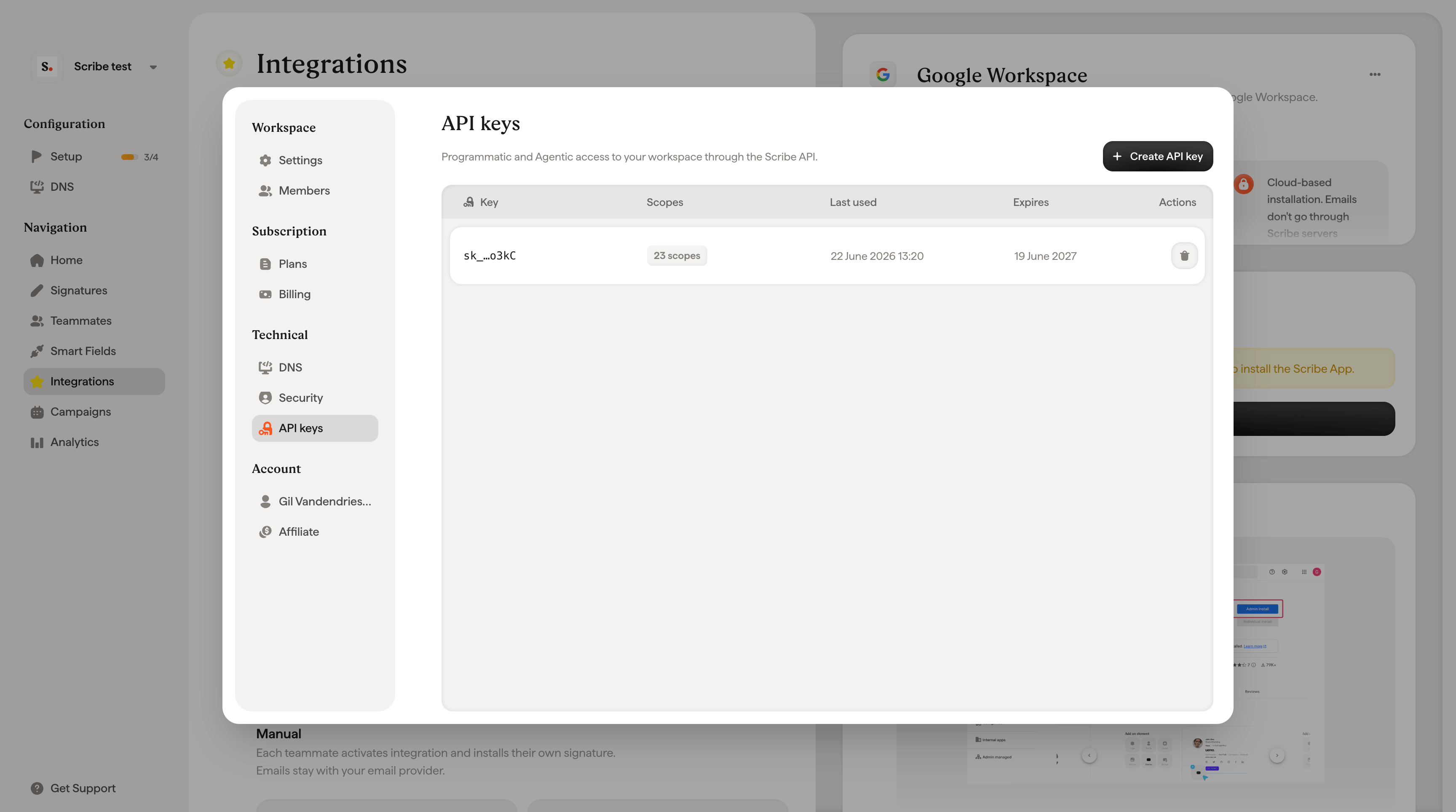 Scribe dashboard API keys page showing the Create API key button and a table of existing keys with their scopes, last used date, and expiry