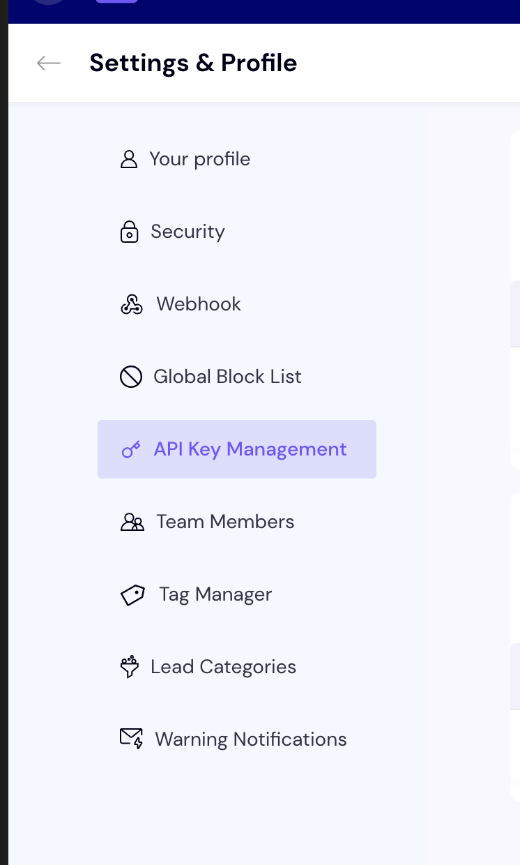 Lewe menu ustawień Smartlead z wybraną pozycją API Keys Management