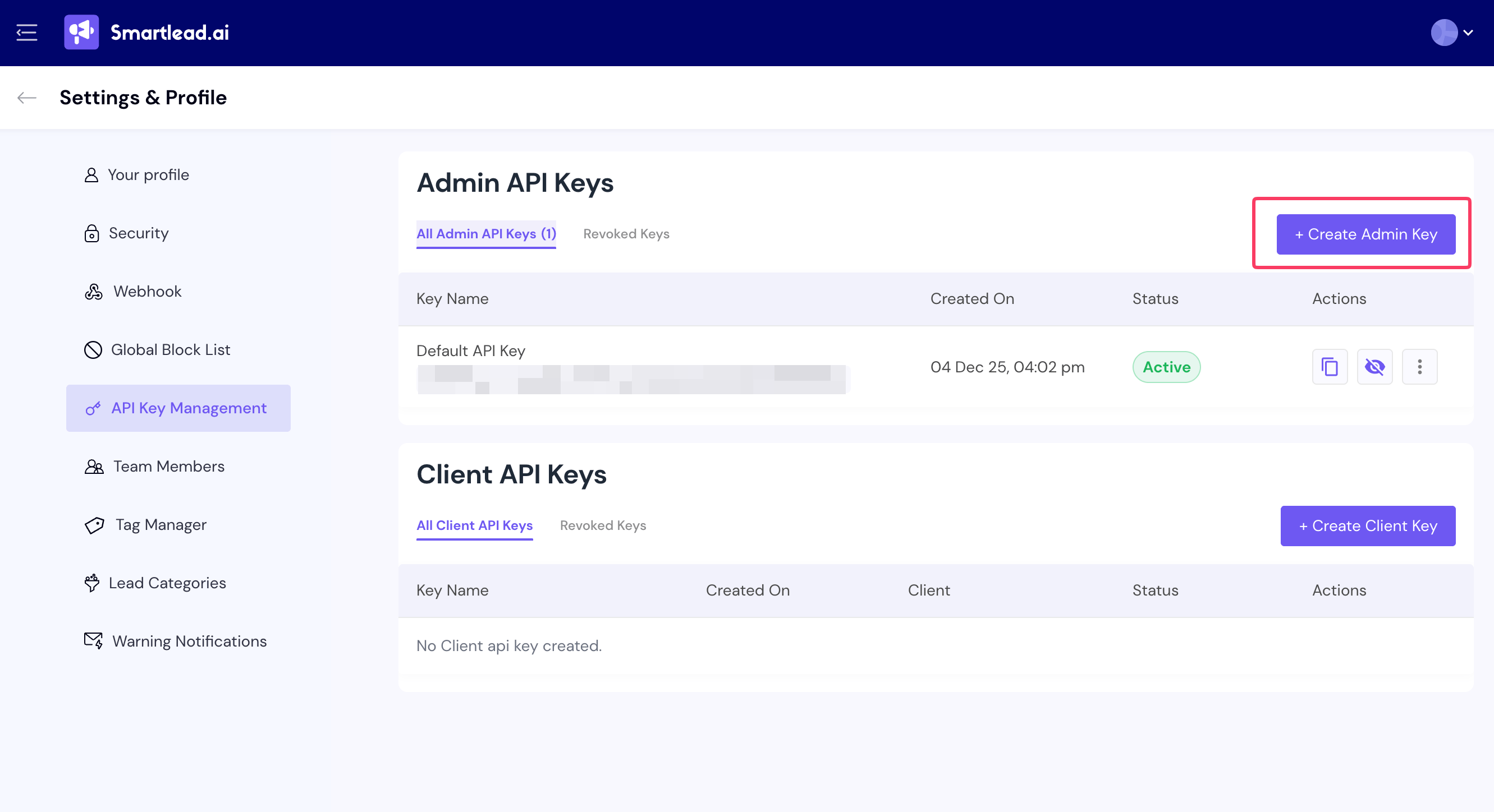 Strona API Keys Management w Smartlead z przyciskiem Create Admin Key