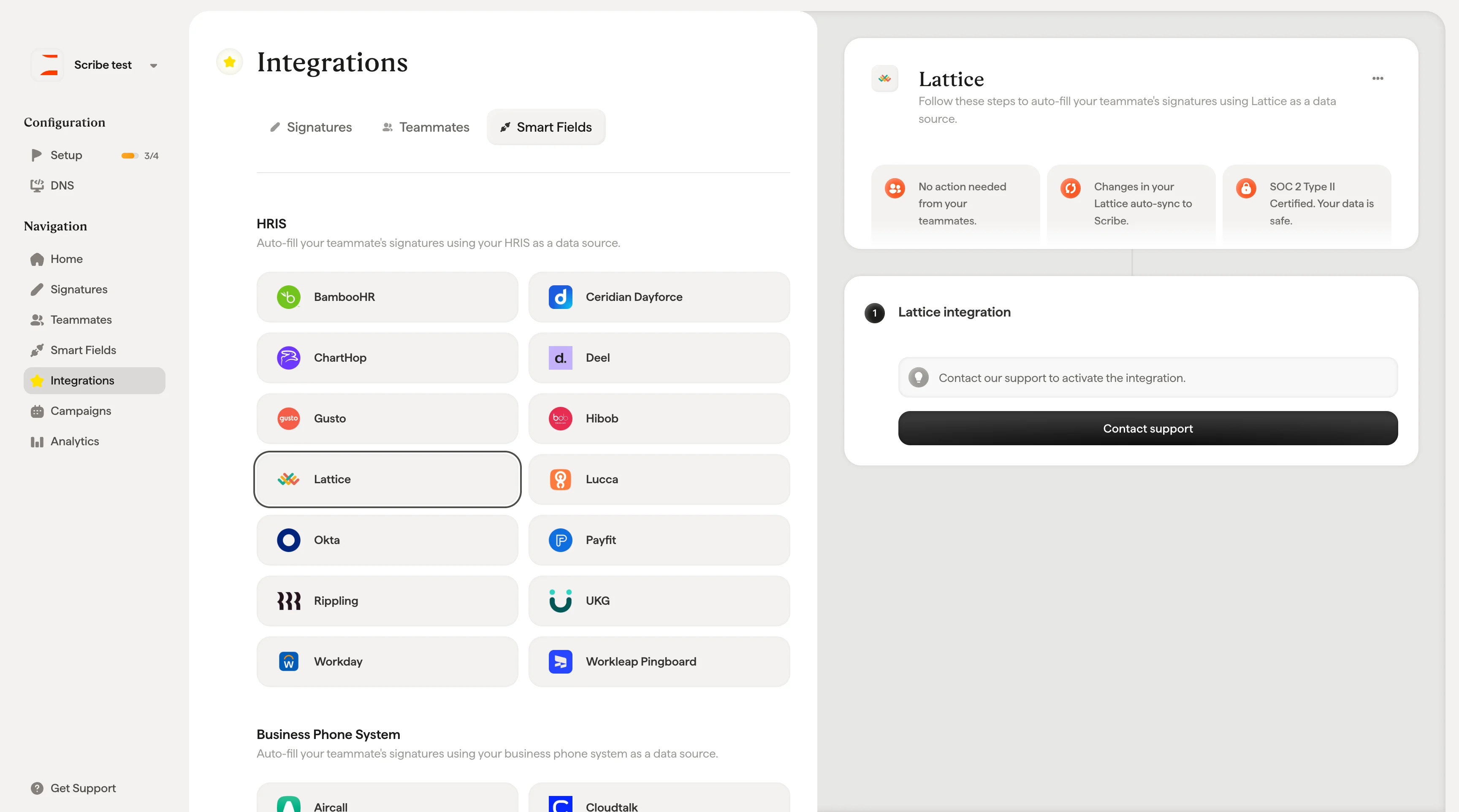 Botón de contacto con soporte para la integración de Lattice en Scribe
