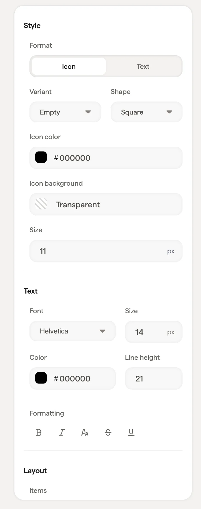Einstellungsbereich des Listenblocks mit Icon- und Layout-Optionen Einstellungsbereich des Listenblocks mit Icon- und Layout-Optionen