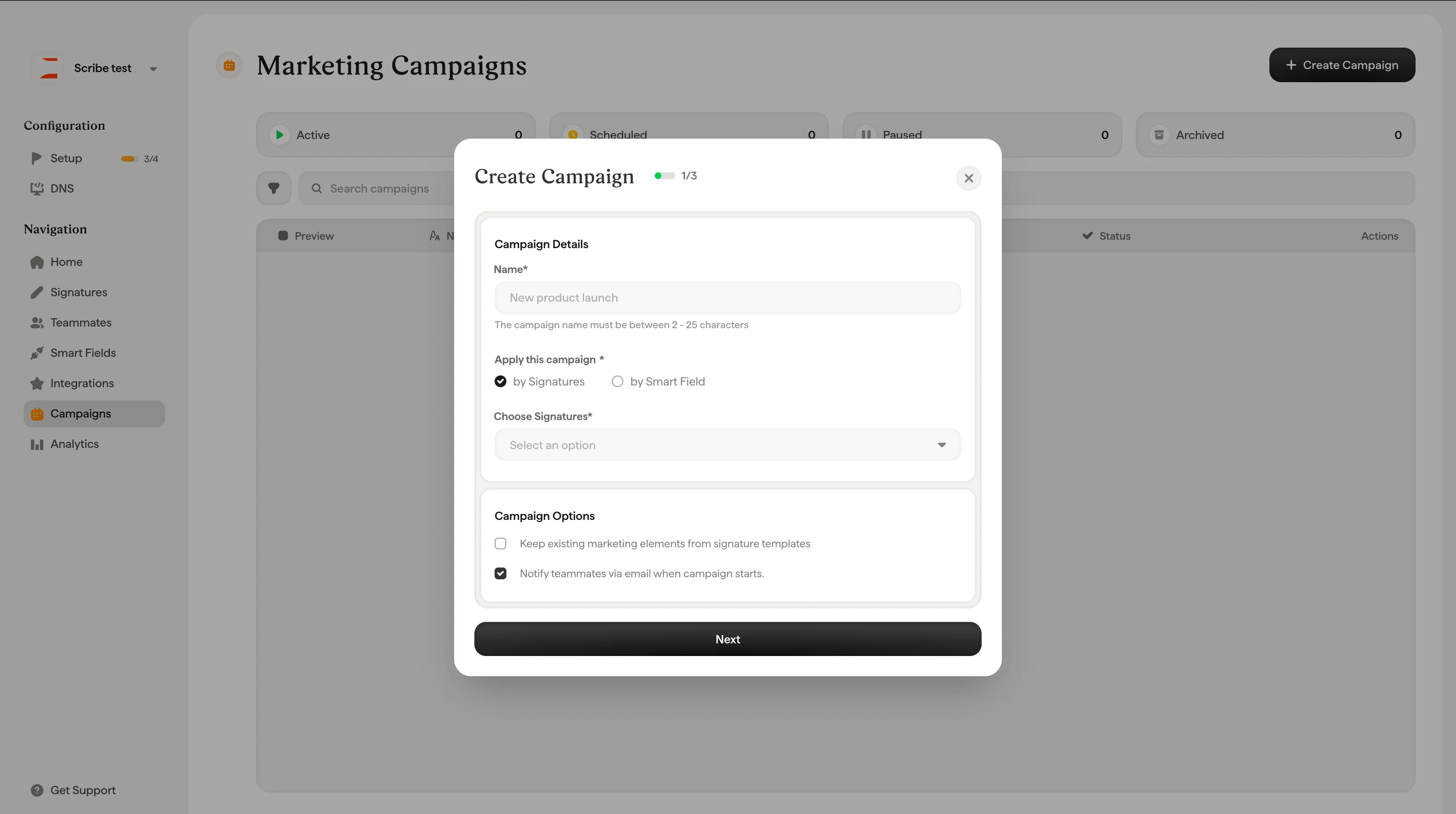 Ablauf der Kampagnenerstellung mit Targeting, Zeitplanung und Marketingblock-Optionen