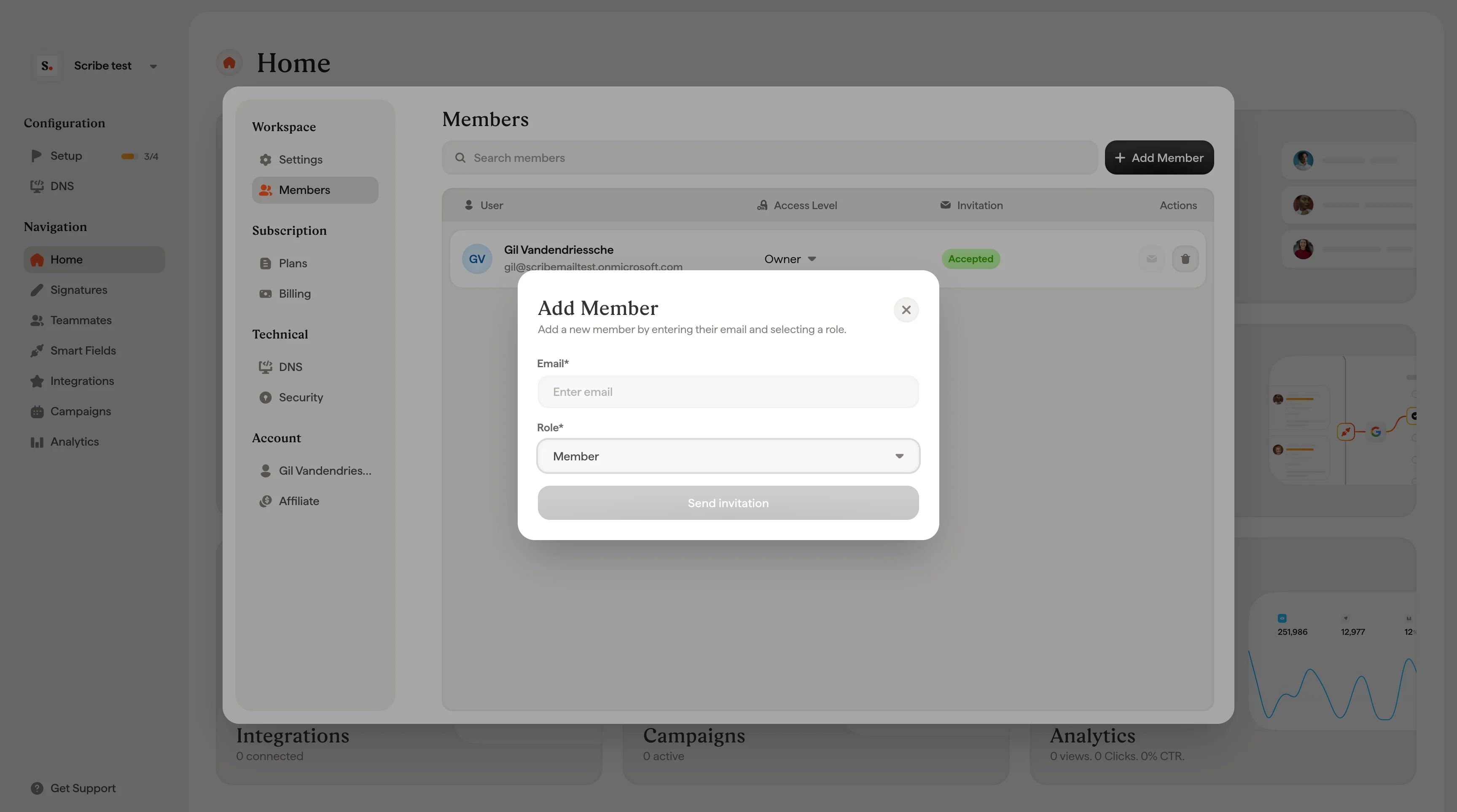 Add Member modal with email field and role dropdown
