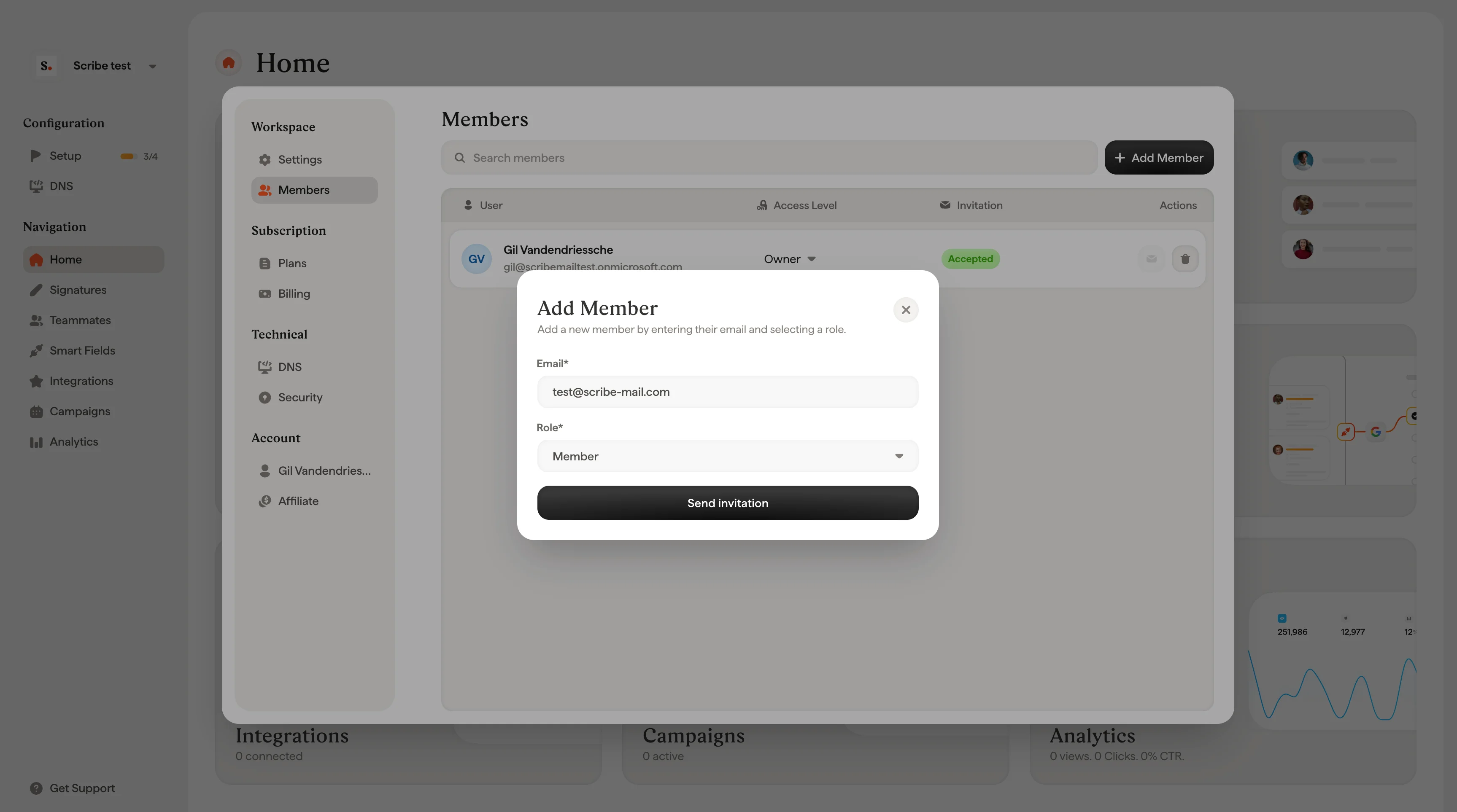 Invitation sent confirmation showing member email and assigned role