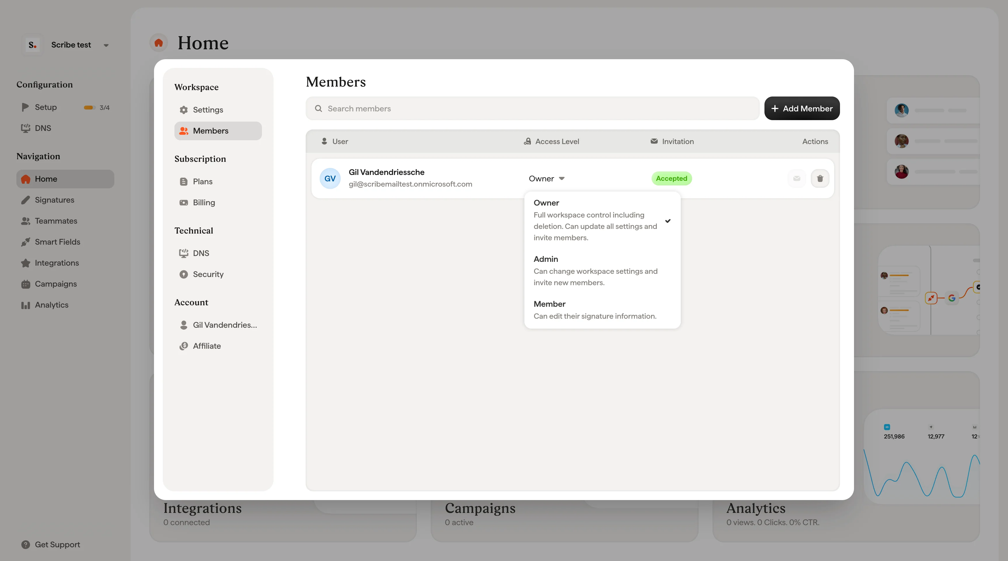 Scribe workspace members list with roles and access levels