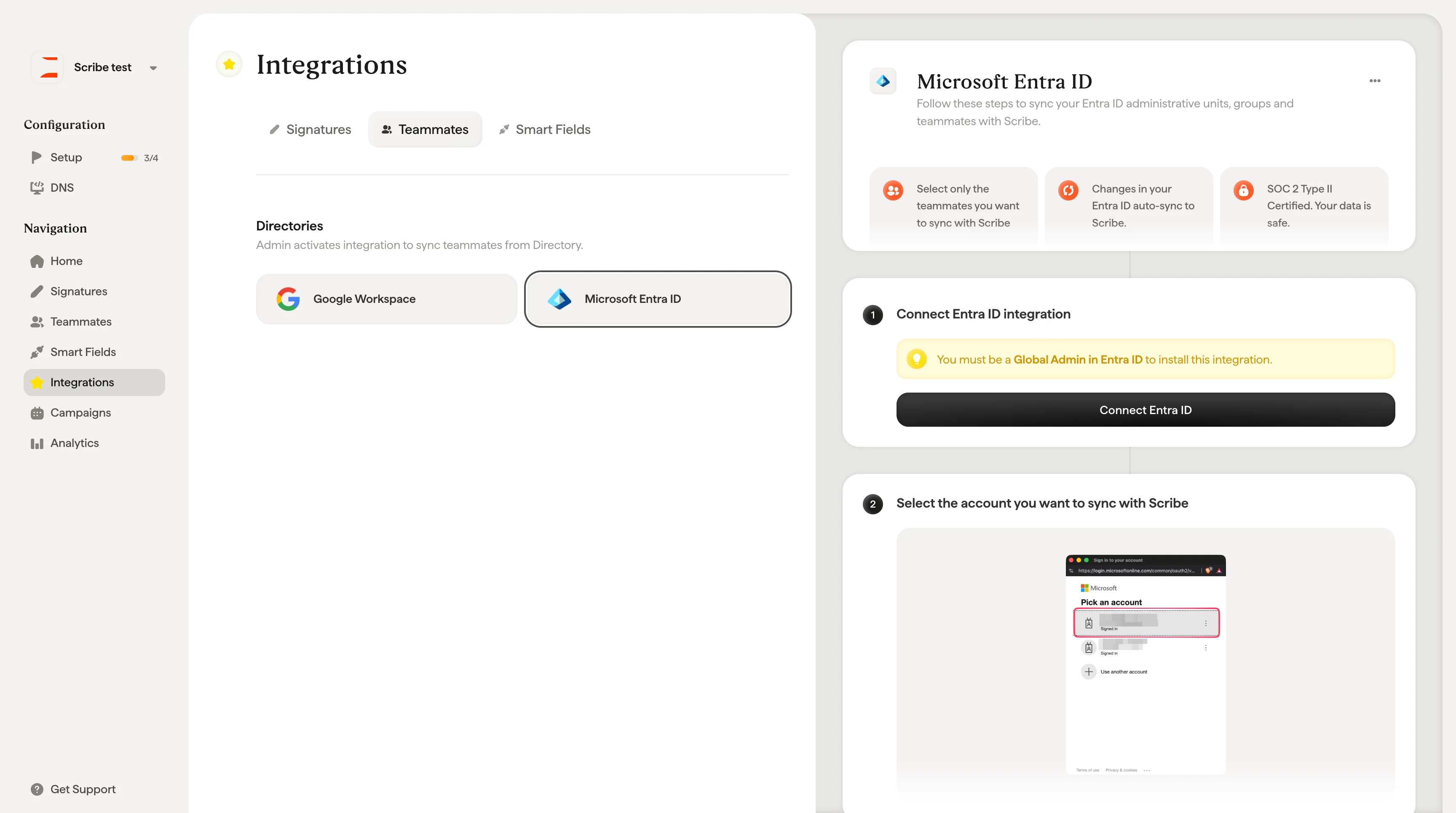 Pulsante Connect Entra ID nella configurazione collaboratori di Scribe
