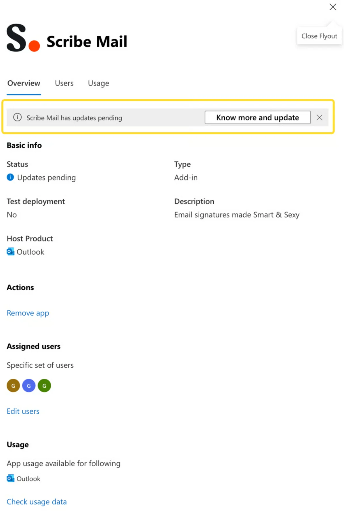 Scribe Mail details pane in Microsoft 365 admin center showing updates pending message Scribe Mail details pane in Microsoft 365 admin center showing updates pending message