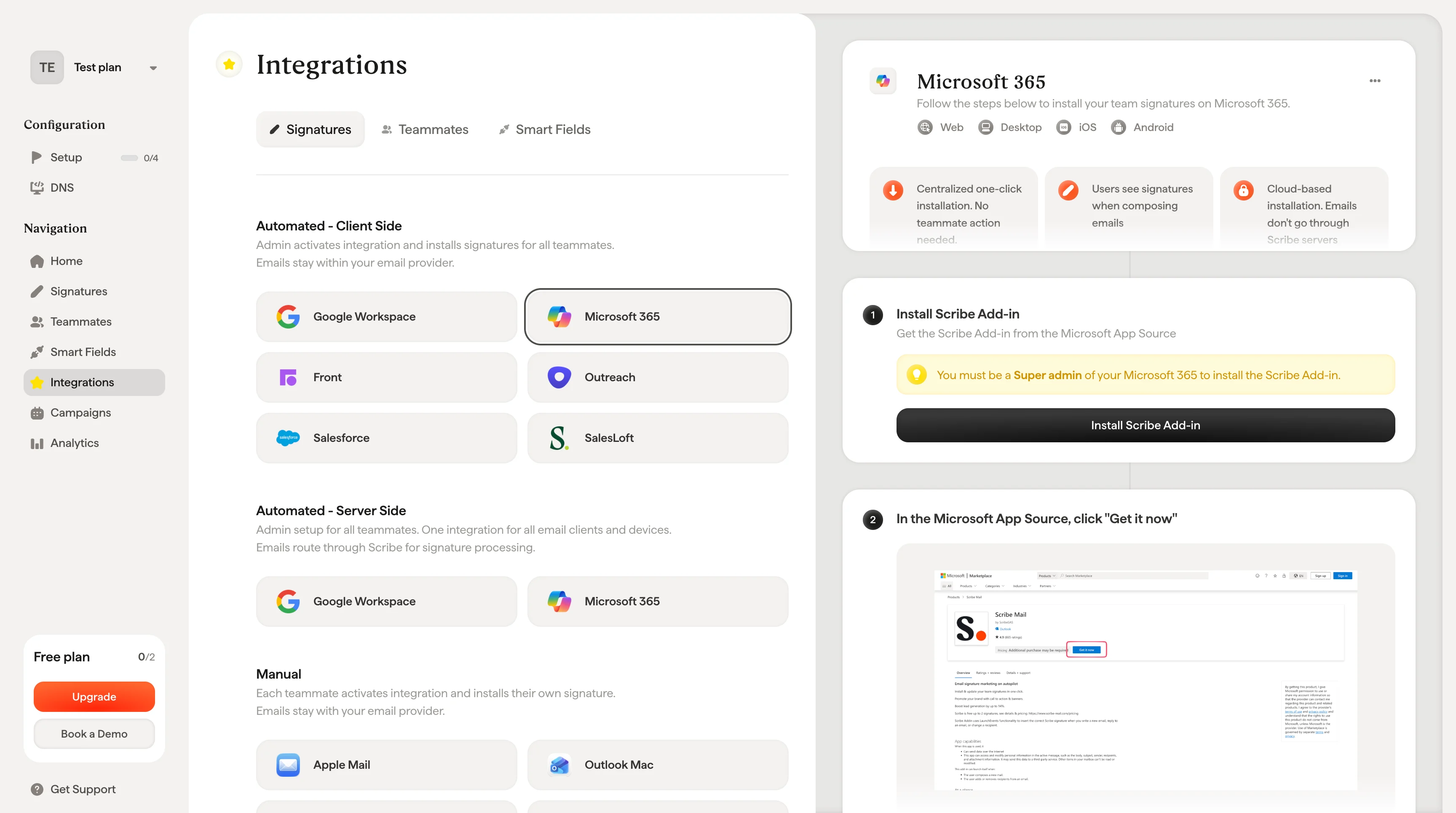 Tombol Install Scribe Add-in di pengaturan Scribe Microsoft 365