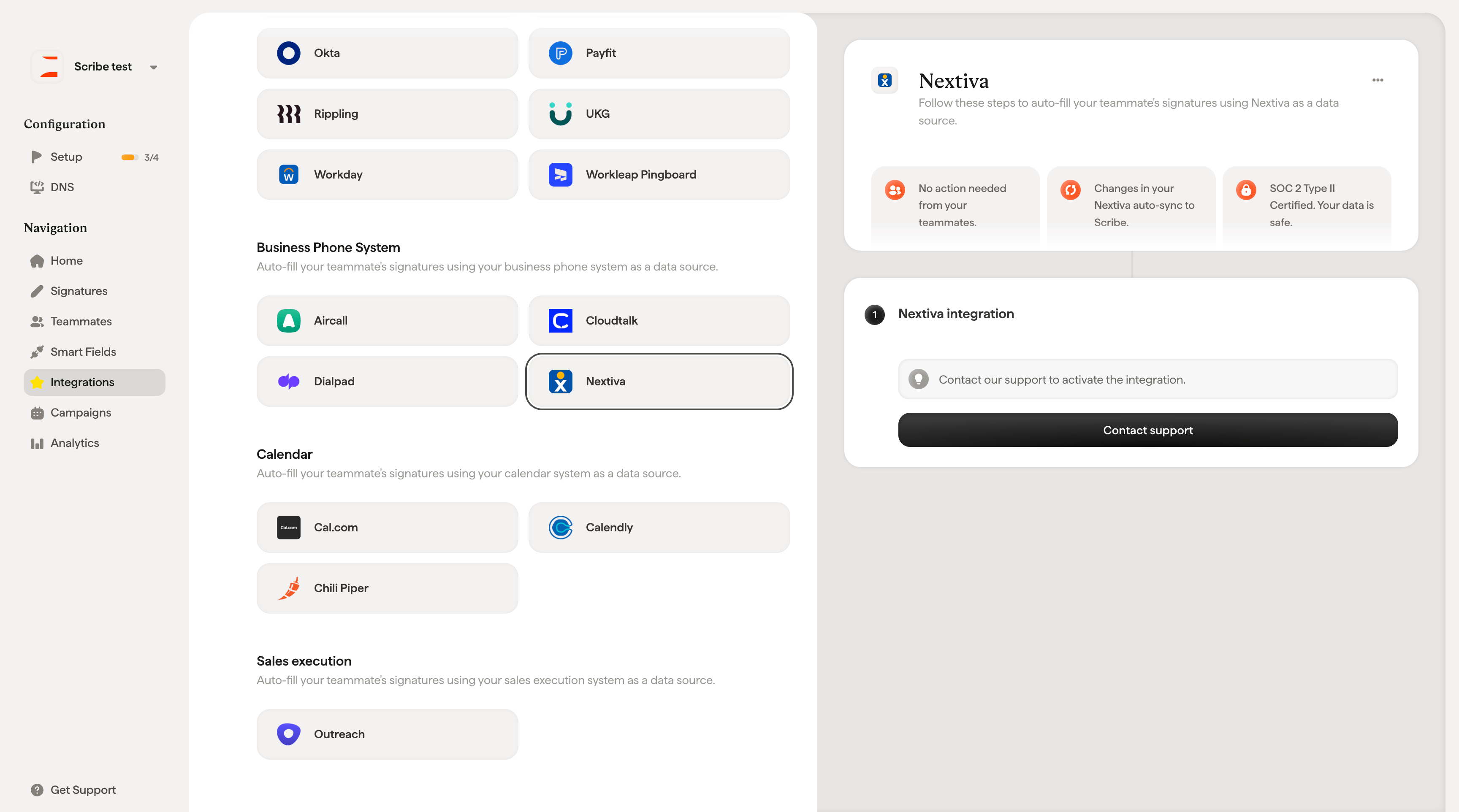 Nextiva integration contact support button in Scribe