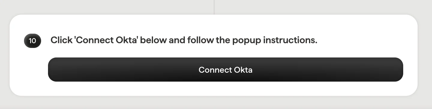 Tombol Connect Okta di Scribe dengan prompt instruksi pop-up