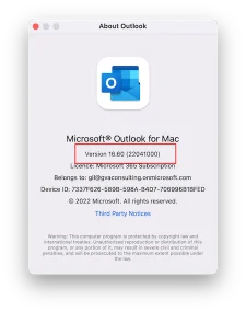 About Outlook dialog on Mac showing the installed version number About Outlook dialog on Mac showing the installed version number