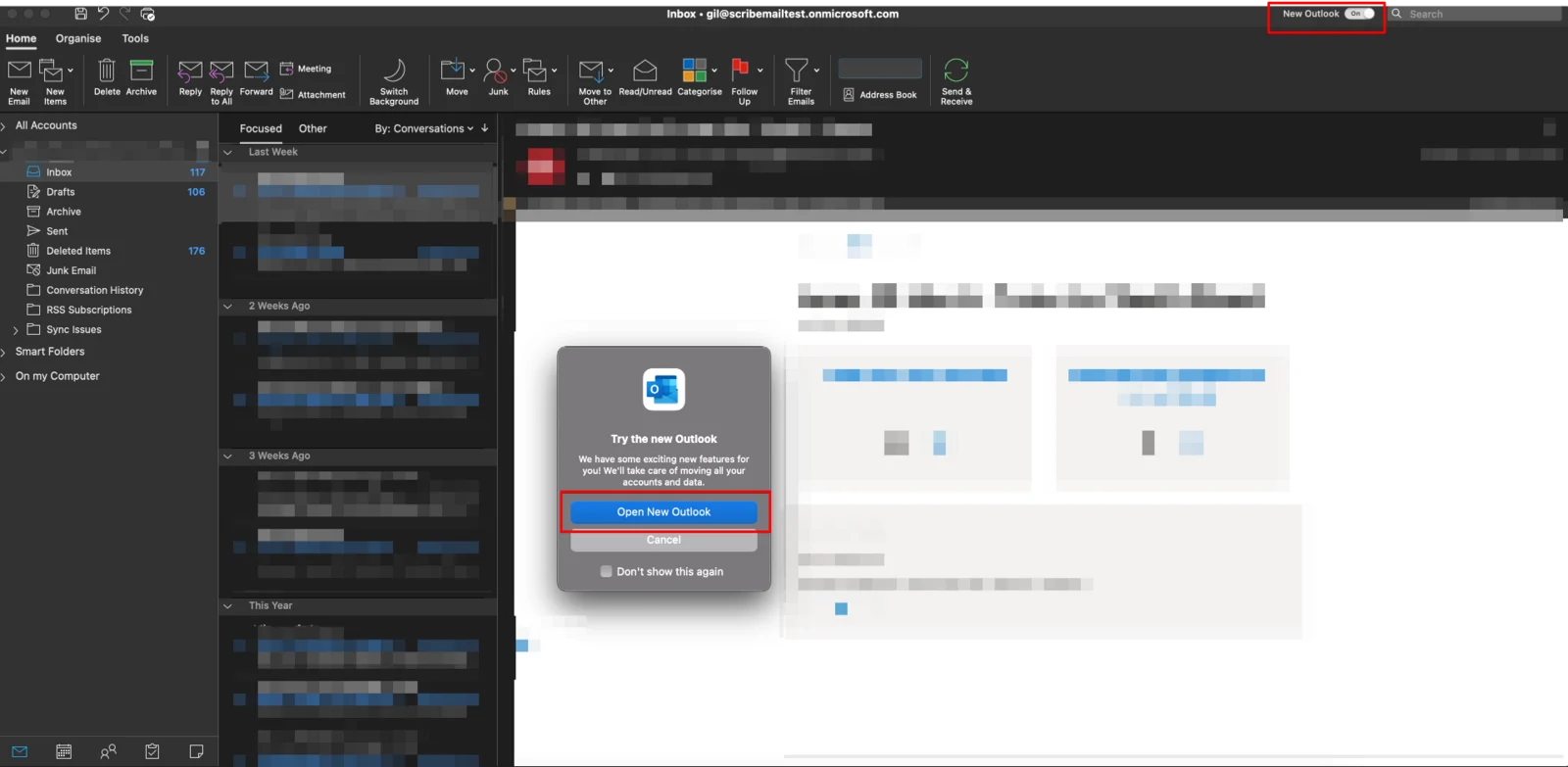 Outlook for Mac with new Outlook toggle in the top-right corner Outlook for Mac with new Outlook toggle in the top-right corner