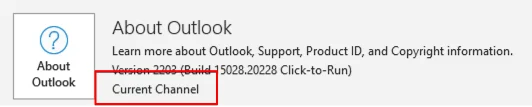 Outlook for Windows Office Account page showing update channel information Outlook for Windows Office Account page showing update channel information