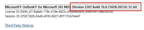 About Outlook dialog on Windows displaying the installed version number About Outlook dialog on Windows displaying the installed version number