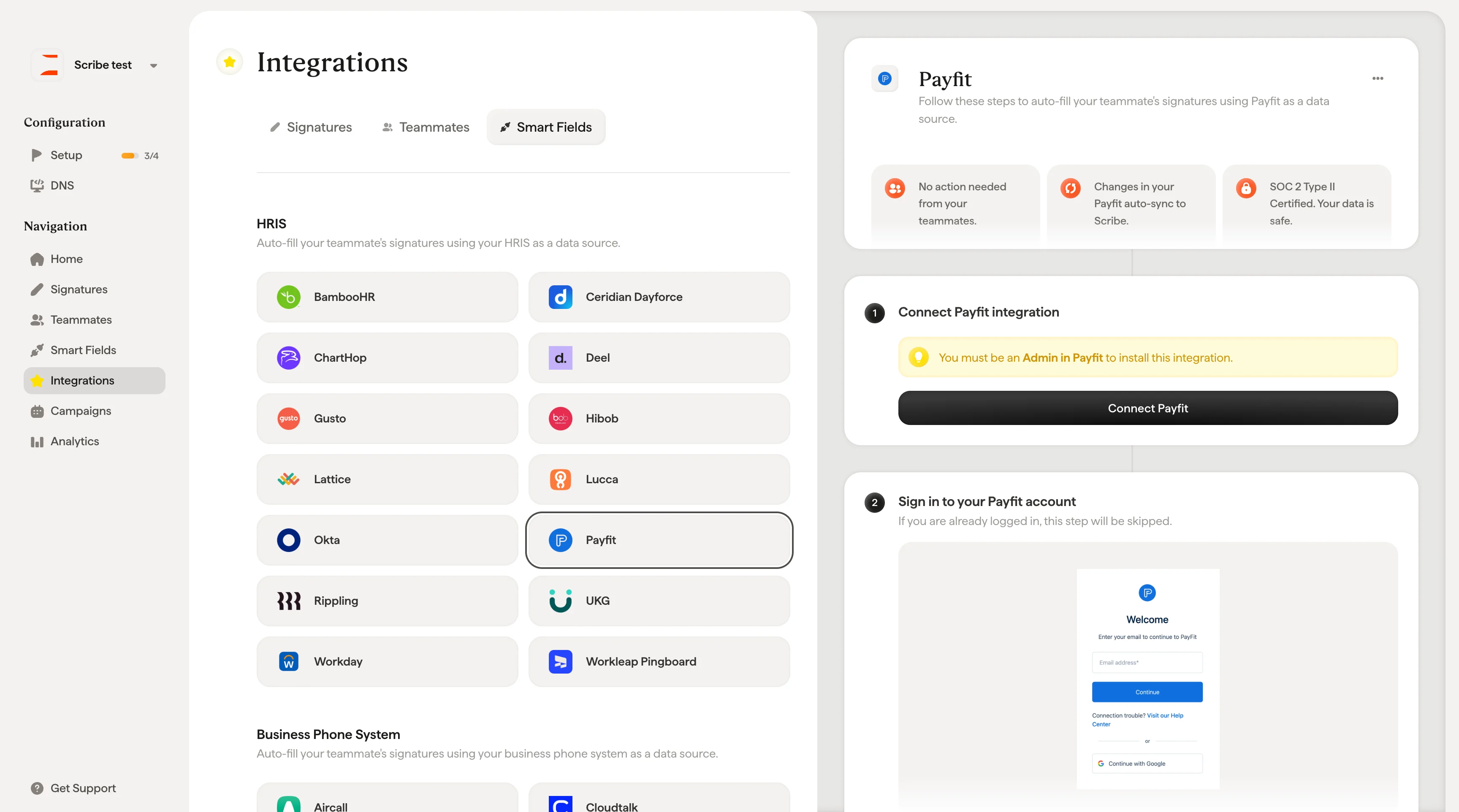 Connect Payfit button in Scribe integration setup
