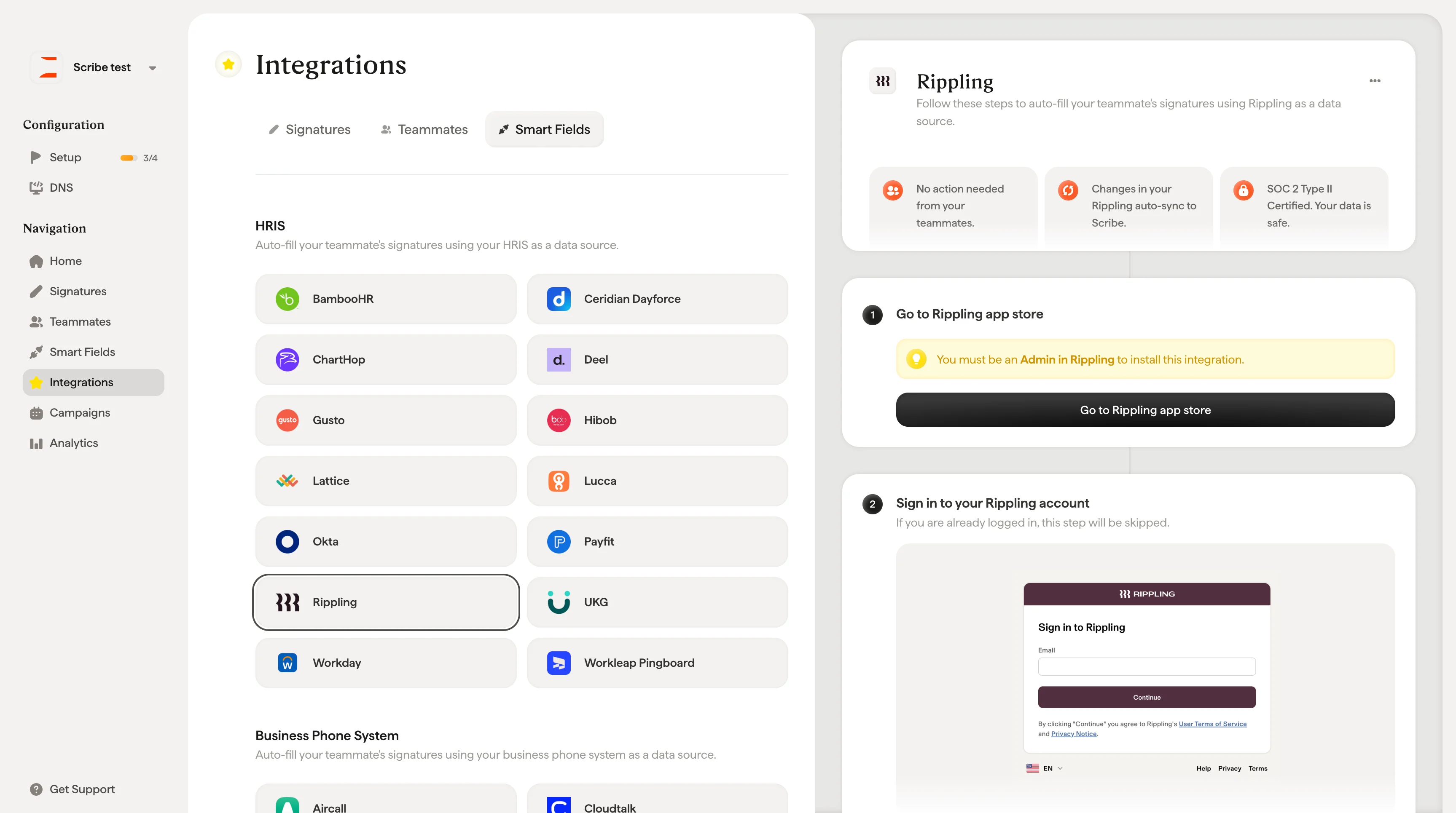 Pulsante Go to Rippling App Store nella configurazione dell'integrazione Scribe