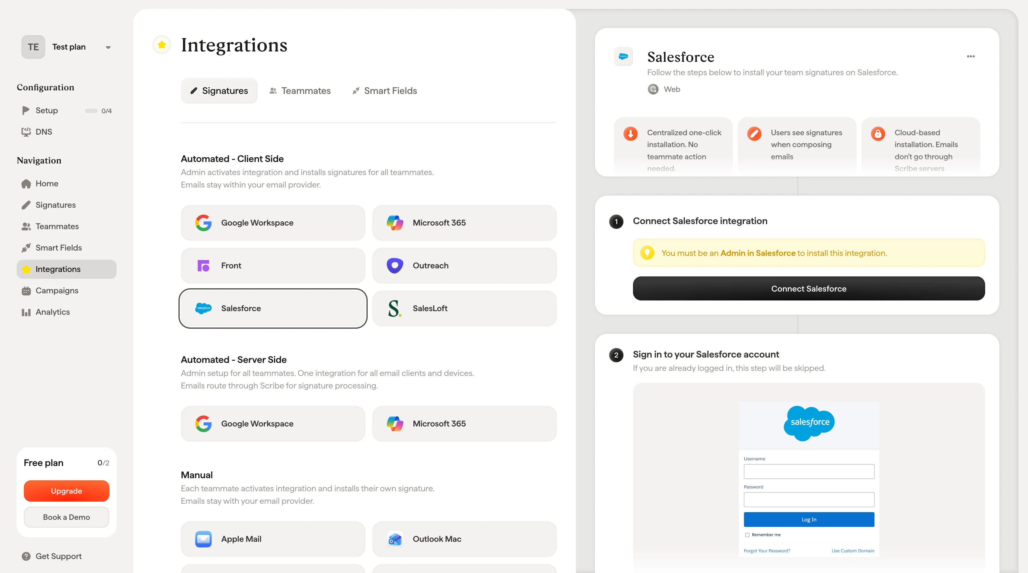 Connect Salesforce-knop in de handtekeningenconfiguratie van Scribe