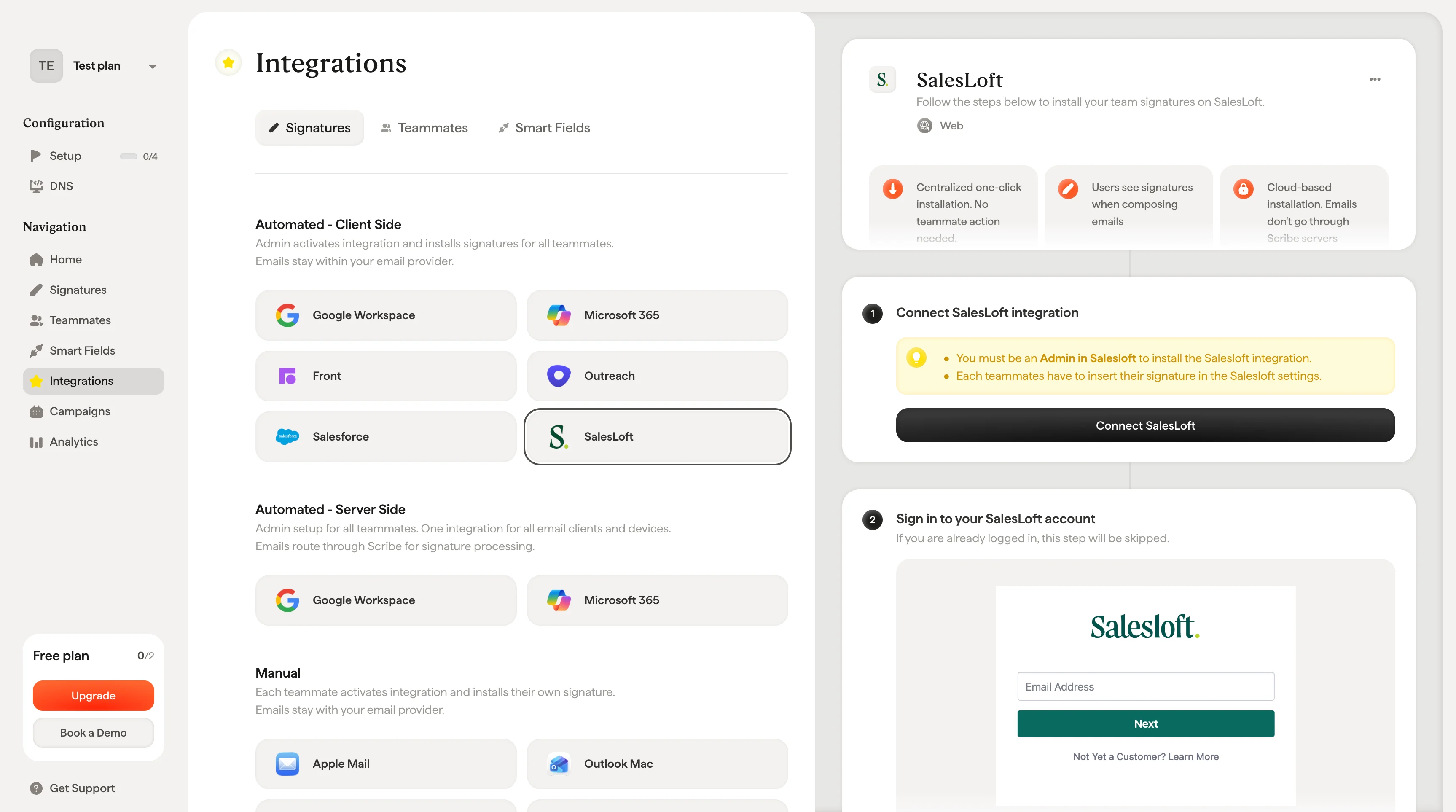 Connect SalesLoft button in Scribe signatures setup