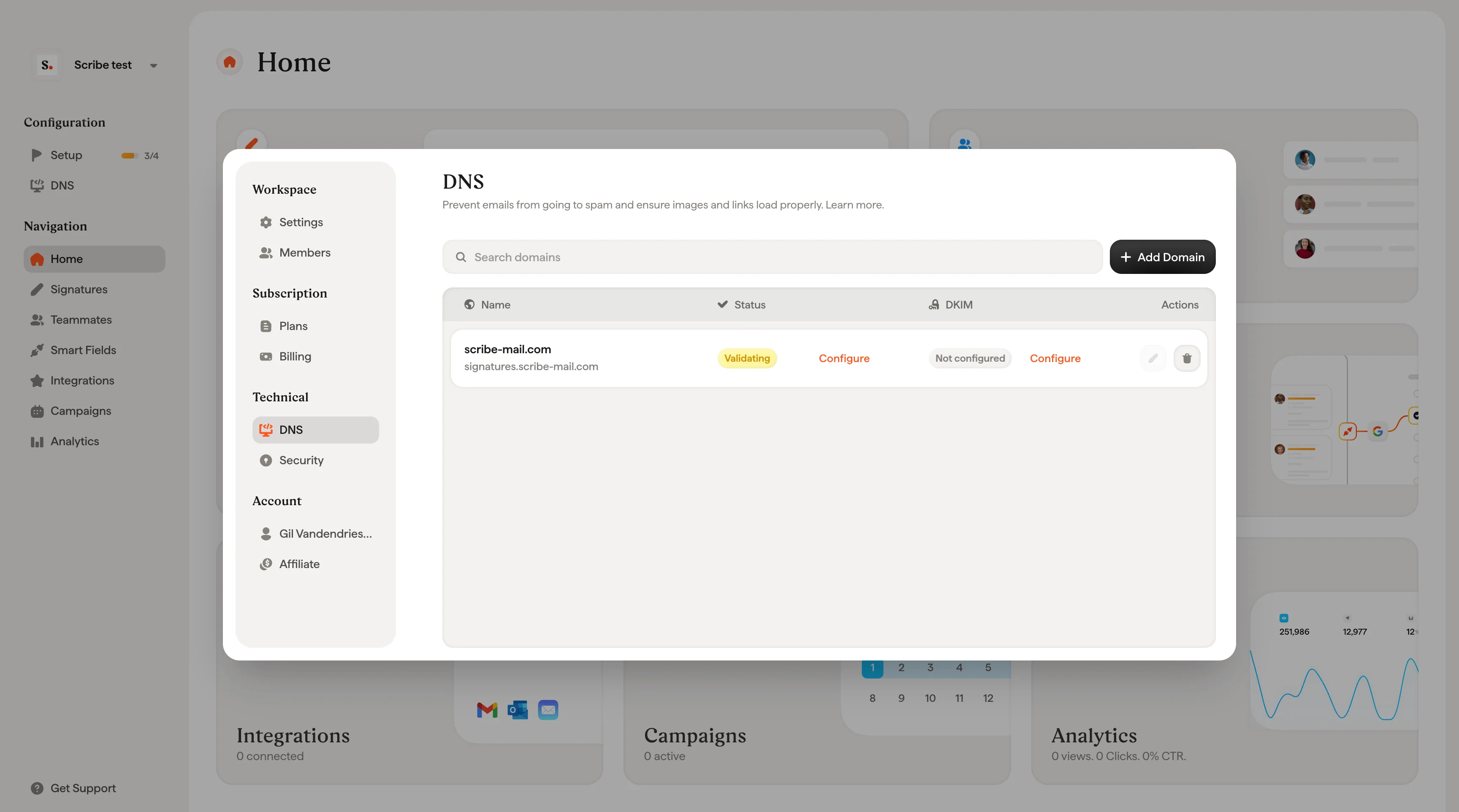 Scribe DNS-Konfigurationsseite mit der Einrichtung einer eigenen Versand-Domain