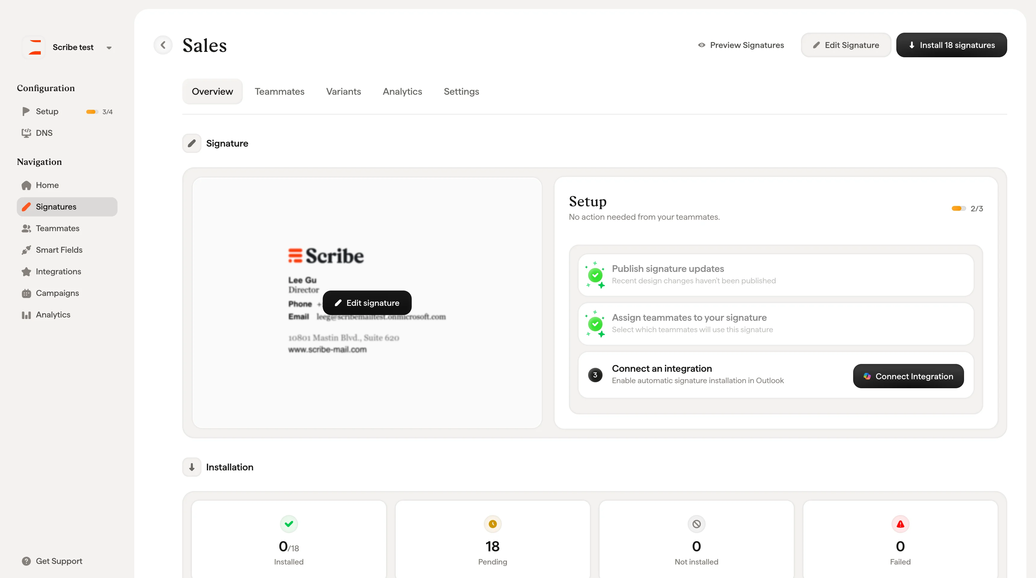 Vorschaubereich für das Signaturdesign mit Hover-Button "Signatur bearbeiten" auf der linken Seite
