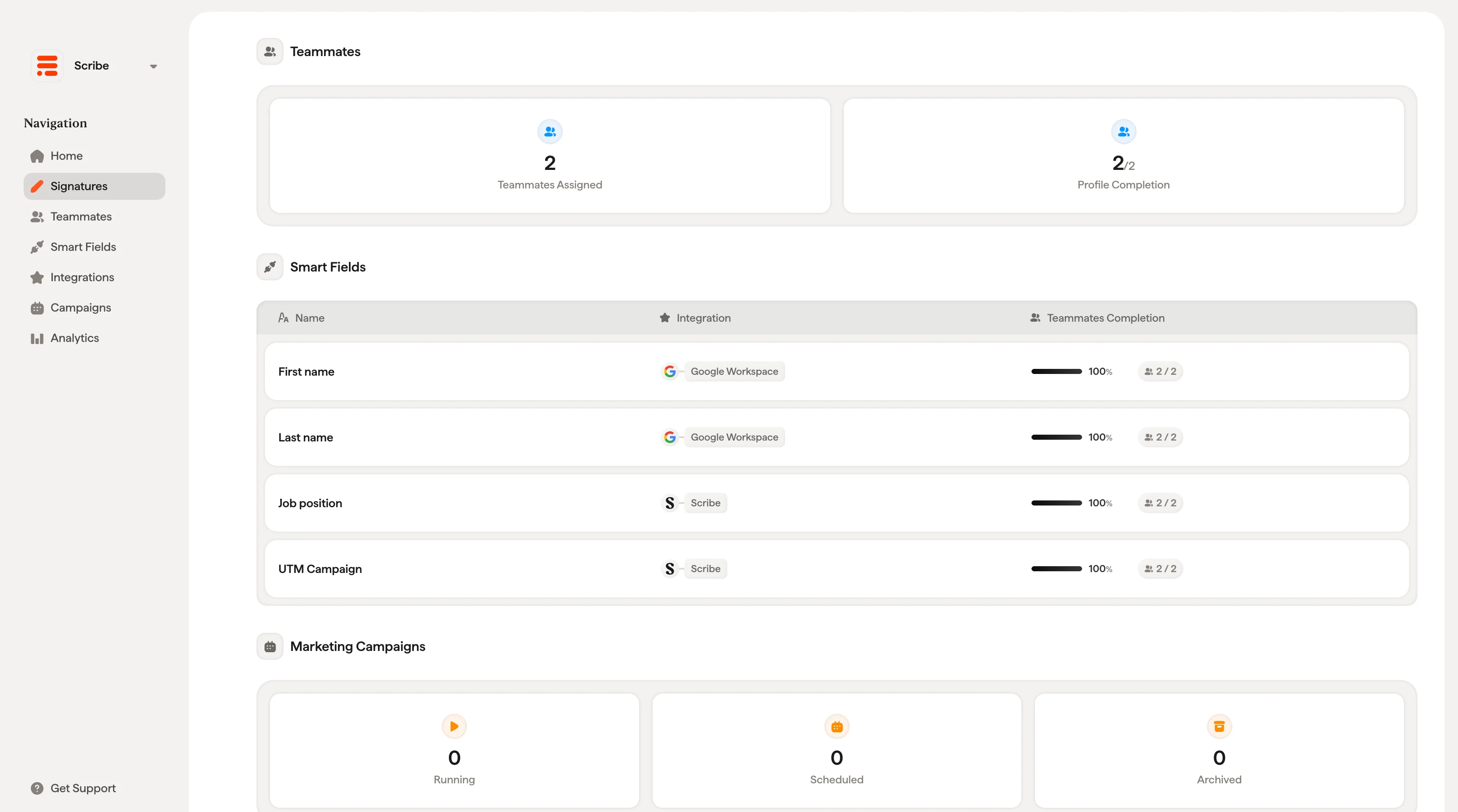 Smartfield-Tabelle mit Feldnamen, Integrationsquellen und Vollständigkeitsanteil je Teammitglied