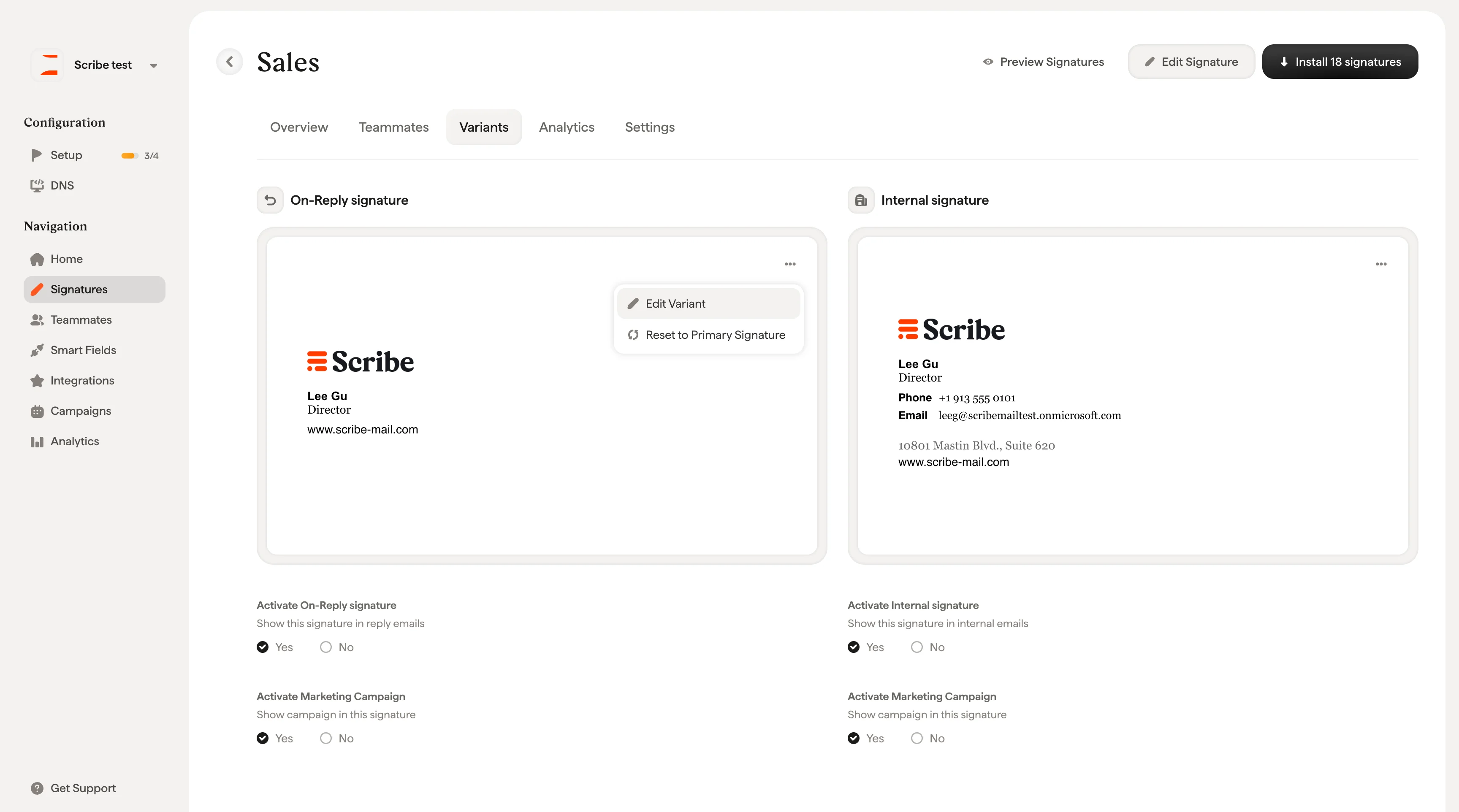 Menu di overflow della scheda variante con le opzioni Modificare la variante e Ripristina la firma principale