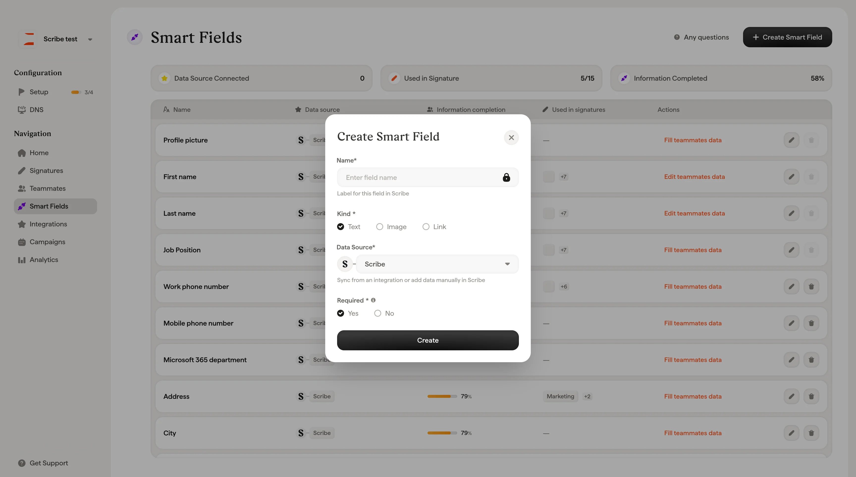 Create Smart Field modal with Name, Kind, Data Source, and Required fields