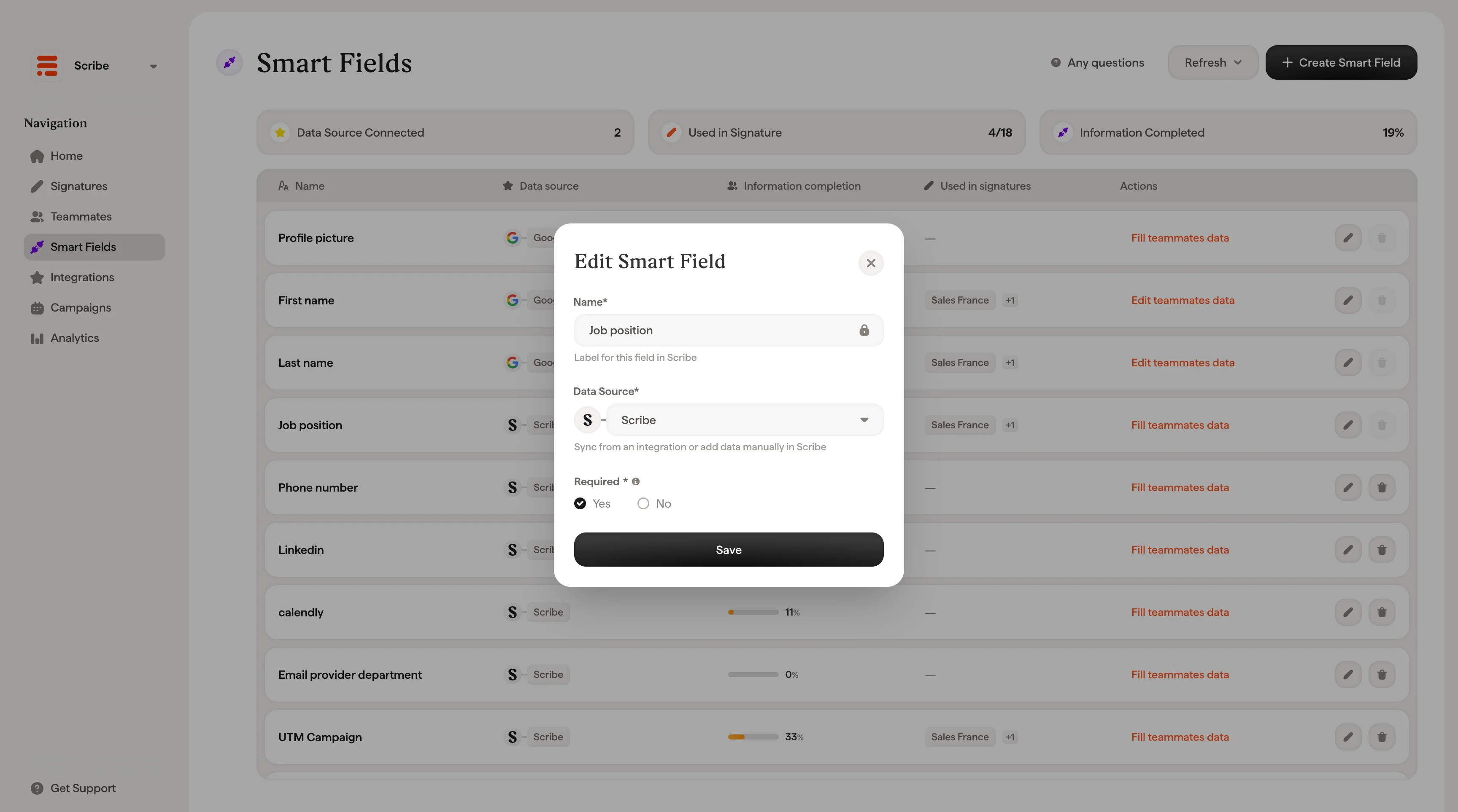 Edit Smart Field modal showing Name, Data Source, Source field, and Required settings