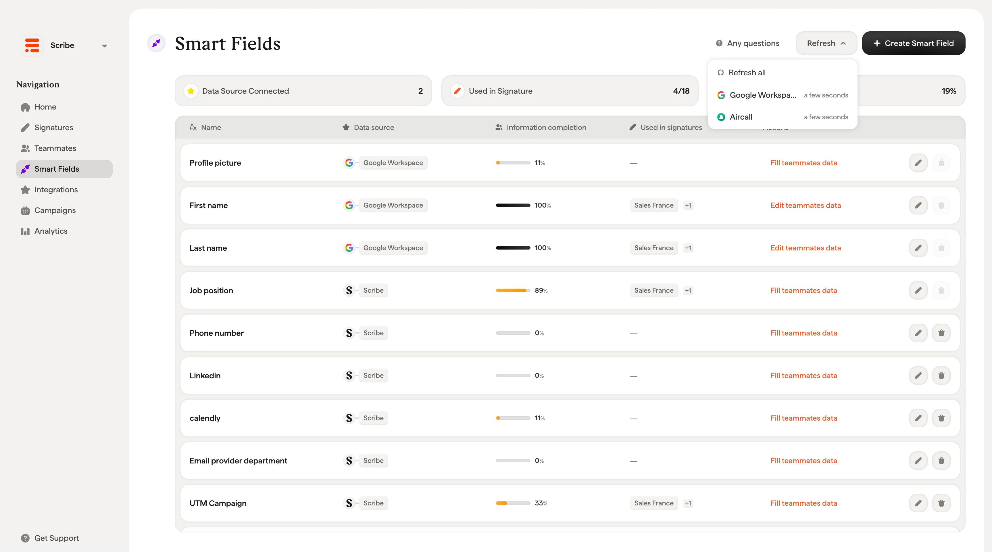 Smart Fields refresh button with last-synced notification below