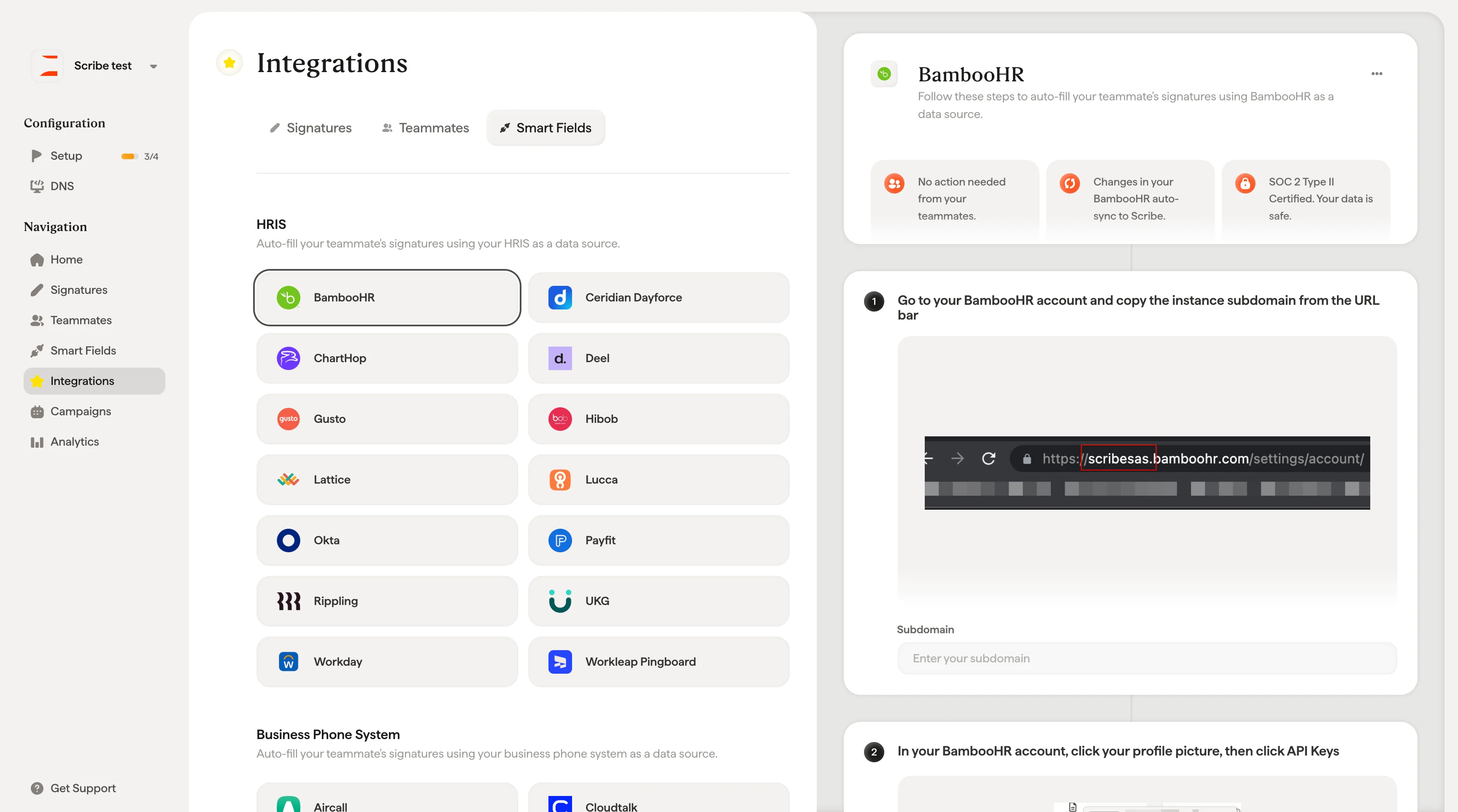 Supported integrations grid showing HRIS, phone, calendar, and sales tools