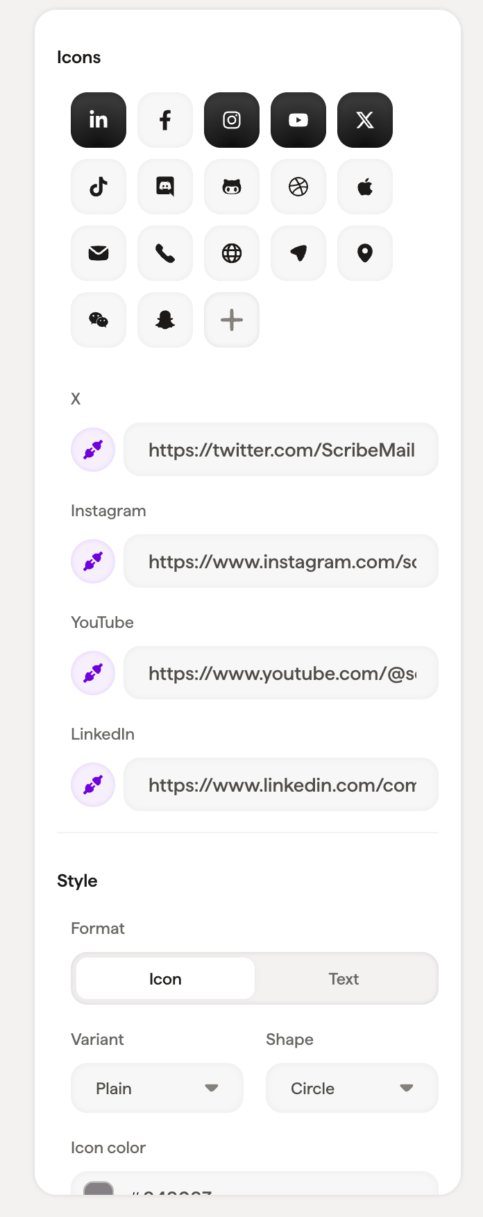 Social icons settings panel with format, variant, and shape options Social icons settings panel with format, variant, and shape options