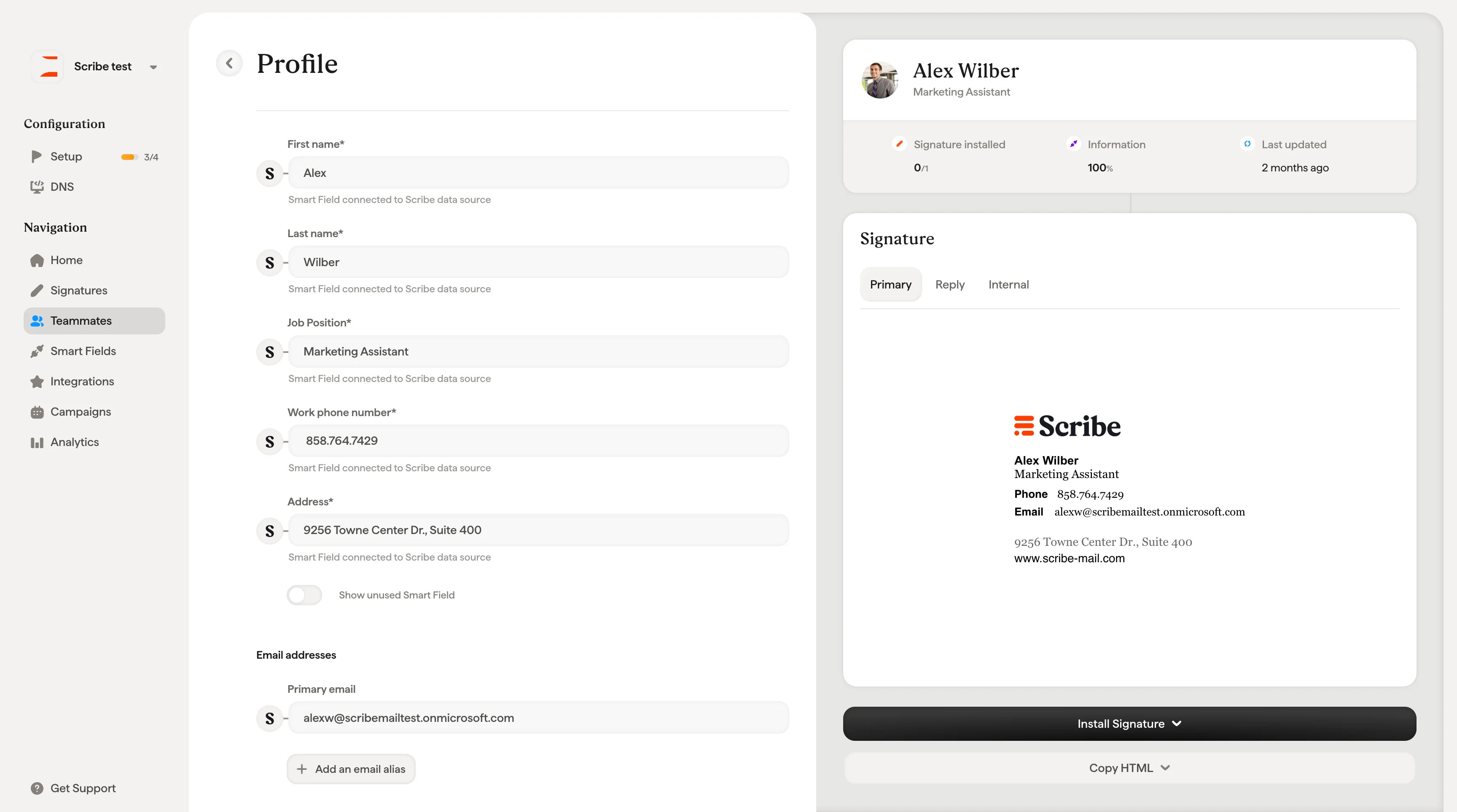 Teammate profile page with summary card, smart fields, and signature preview panel