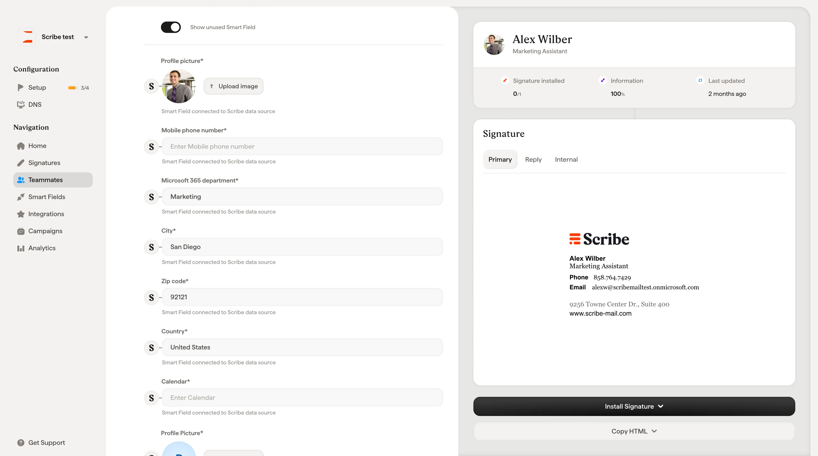 Teammate profile showing all smart fields including phone and custom fields toggled visible