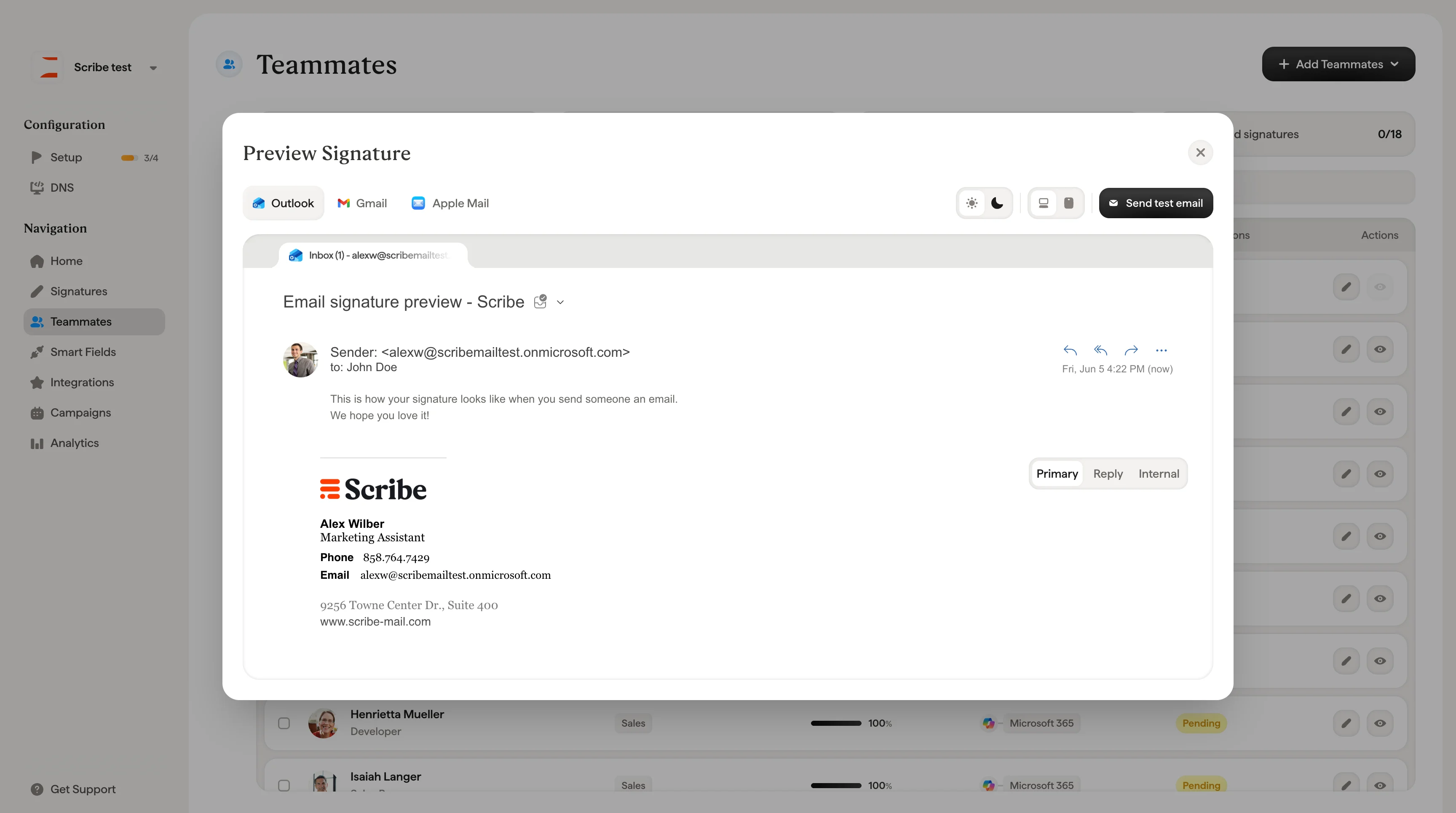 Fenêtre d'aperçu de la signature affichant l'onglet Outlook avec une maquette du client de messagerie et des contrôles d'affichage