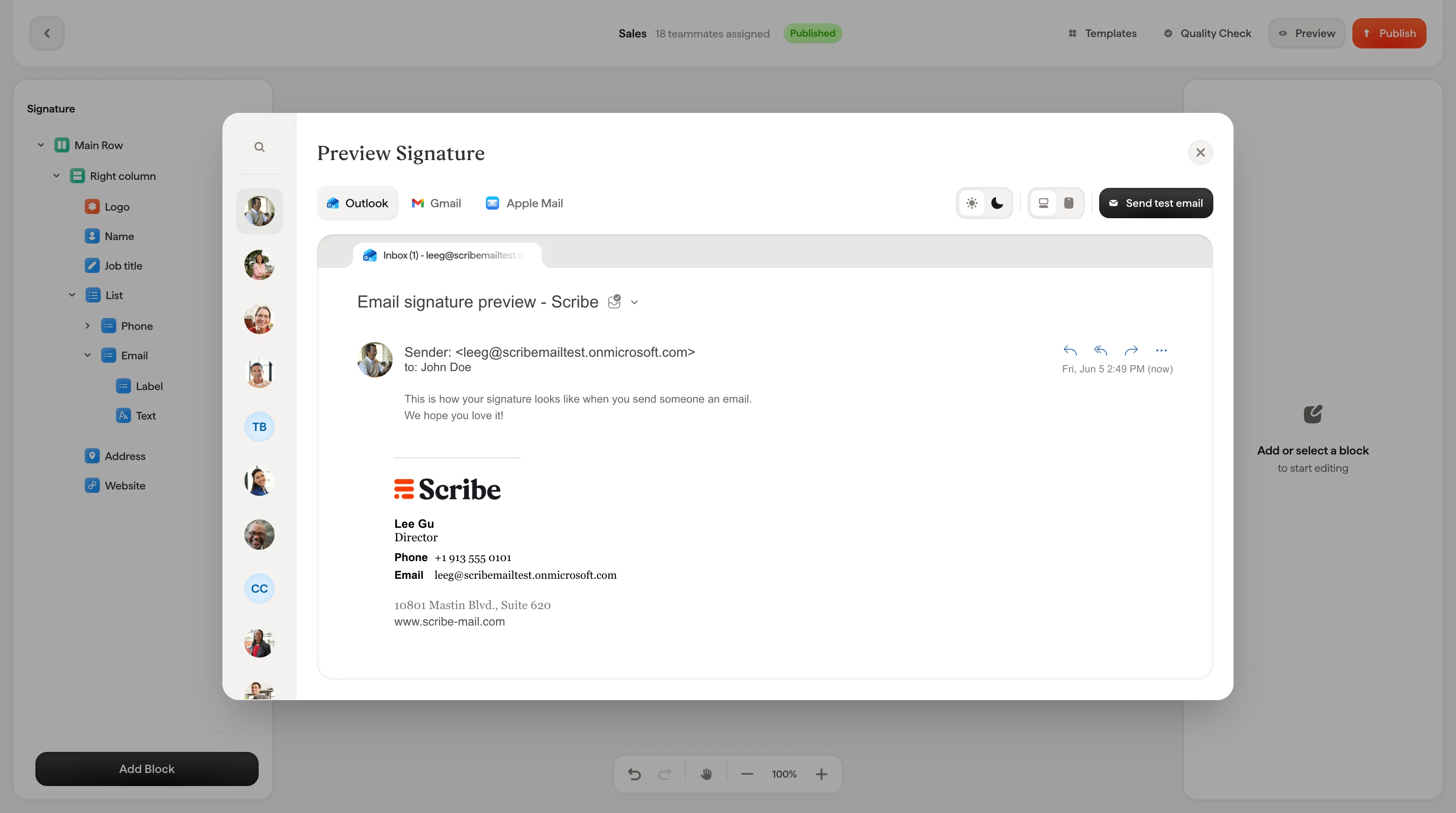 Modale di anteprima con selettore di collaboratori e schede dei client email
