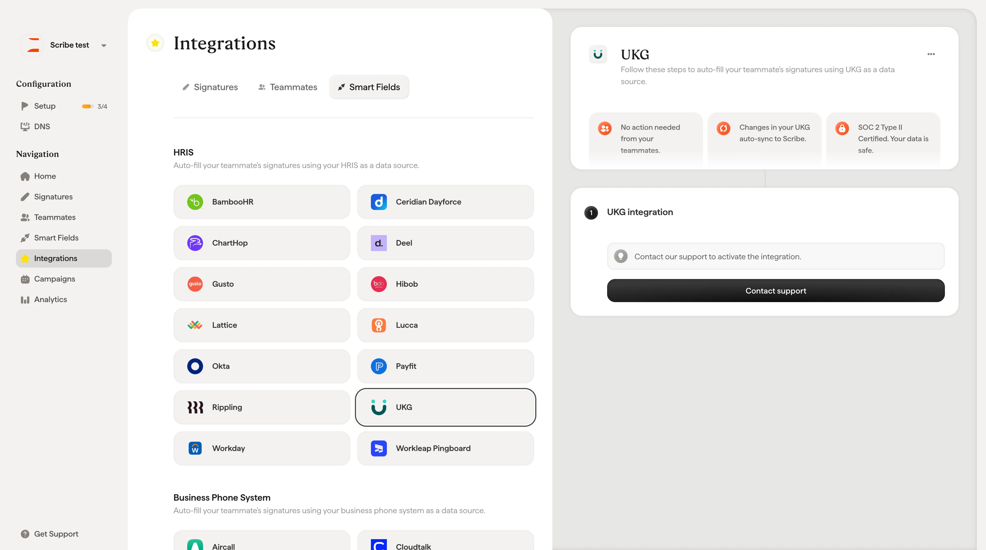UKG integration contact support button in Scribe