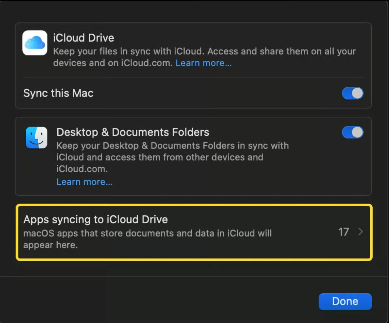 Janela do iCloud Drive com o link Apps syncing to iCloud Drive