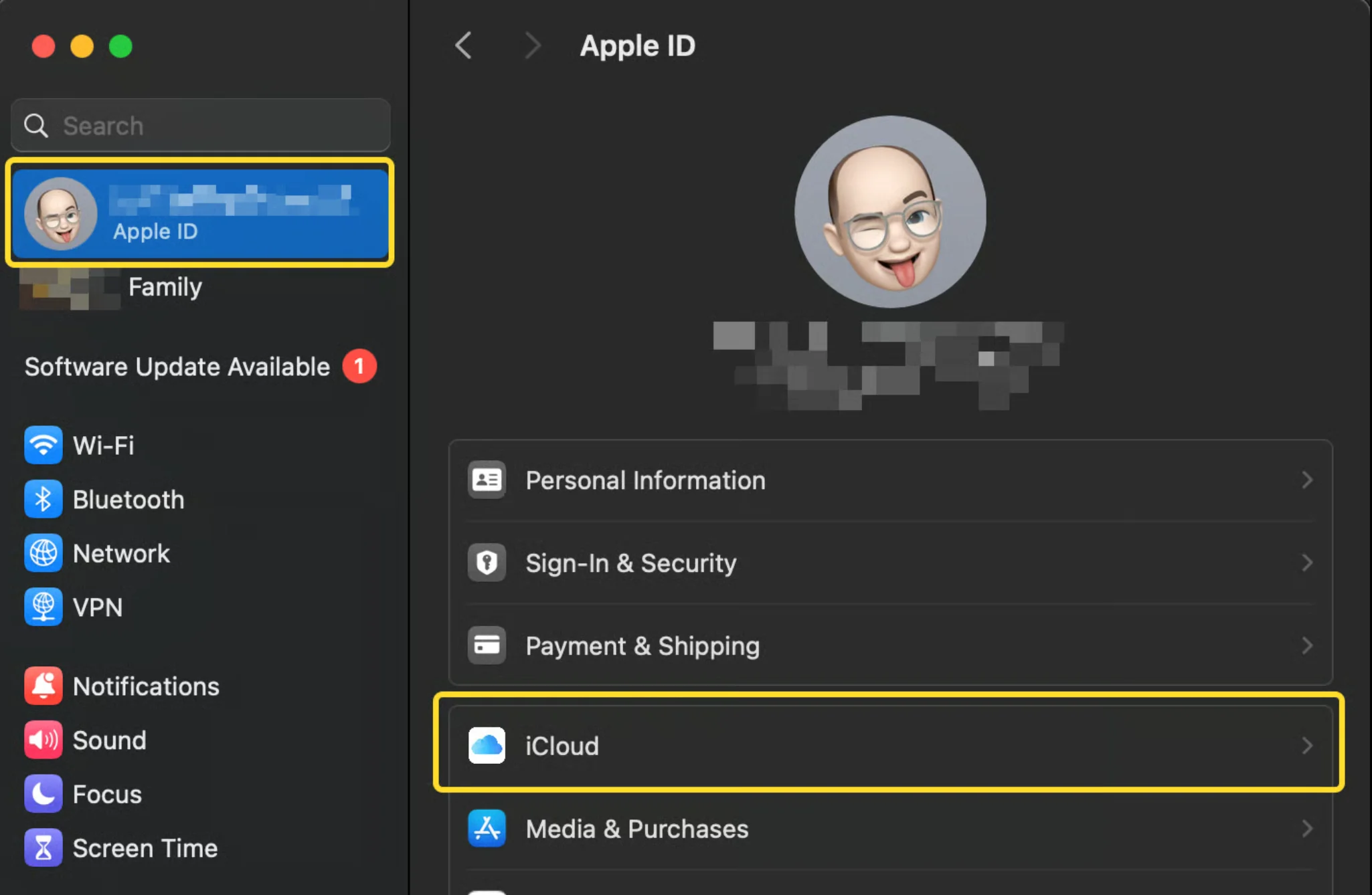 Configurações do sistema do macOS com a aba Apple ID e iCloud aberta