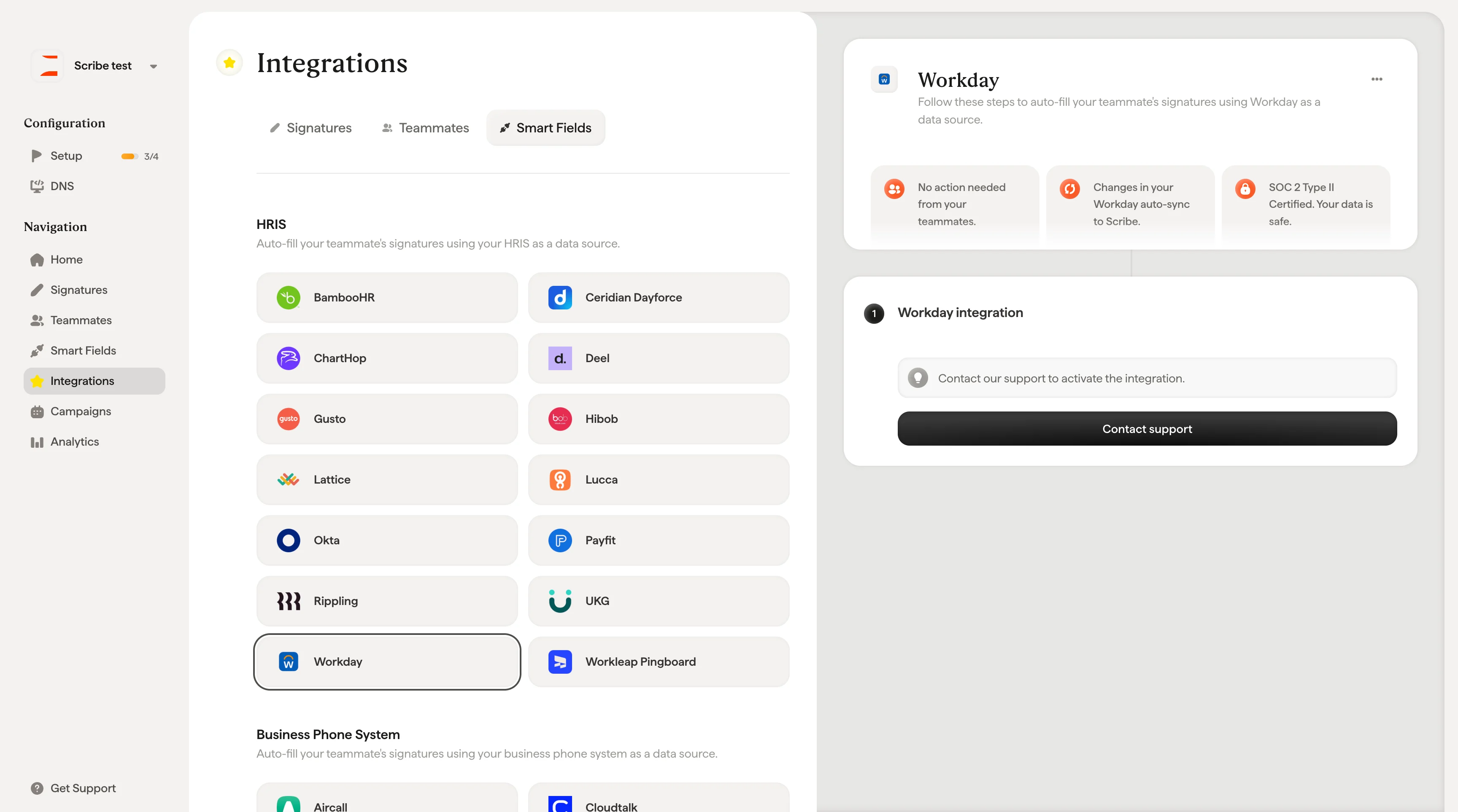 Workday integration contact support button in Scribe