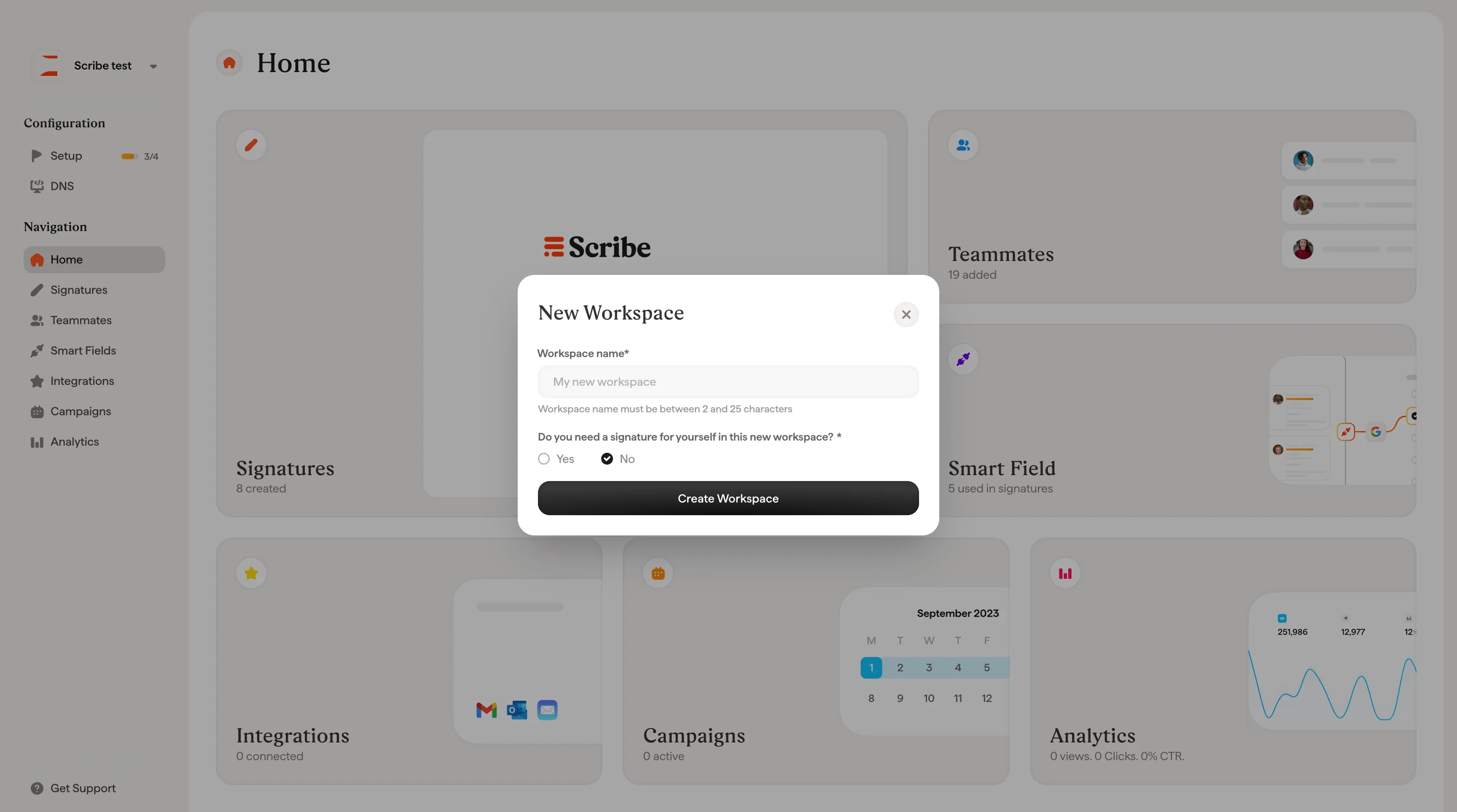 New Workspace modal with name field and email address option