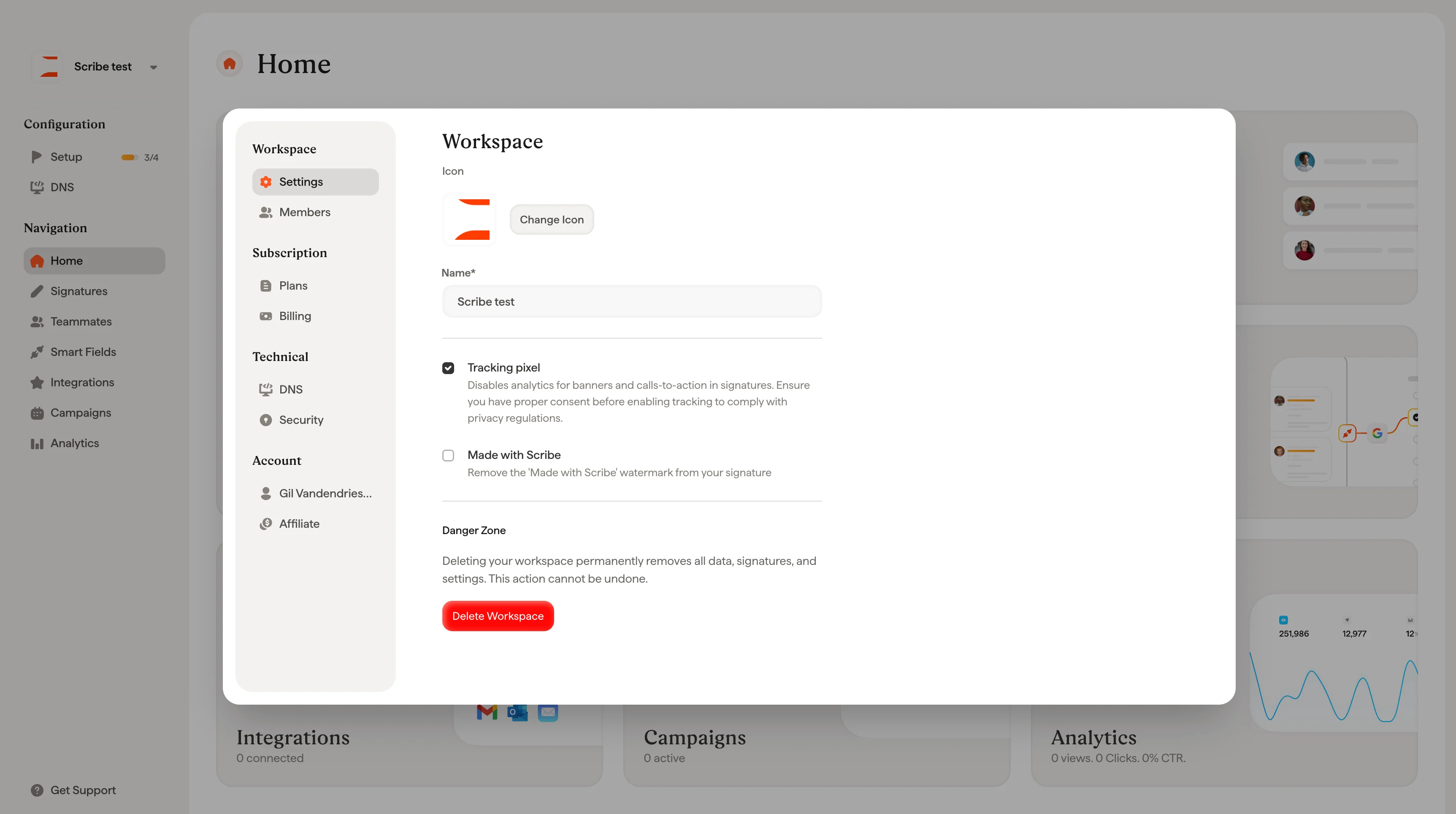 Workspace settings page with icon, name, and tracking pixel options