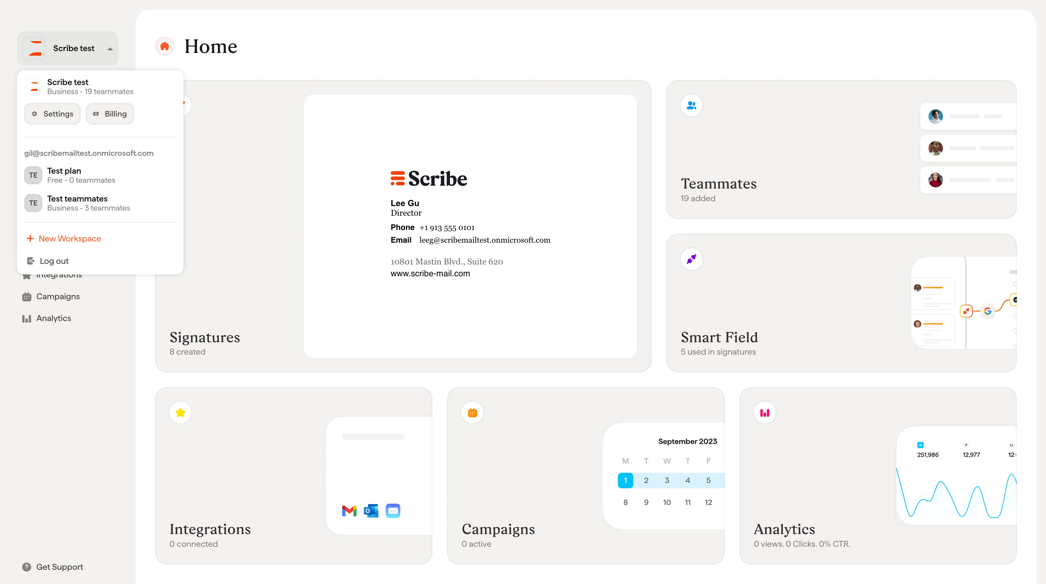 Scribe workspace switcher dropdown showing multiple workspaces