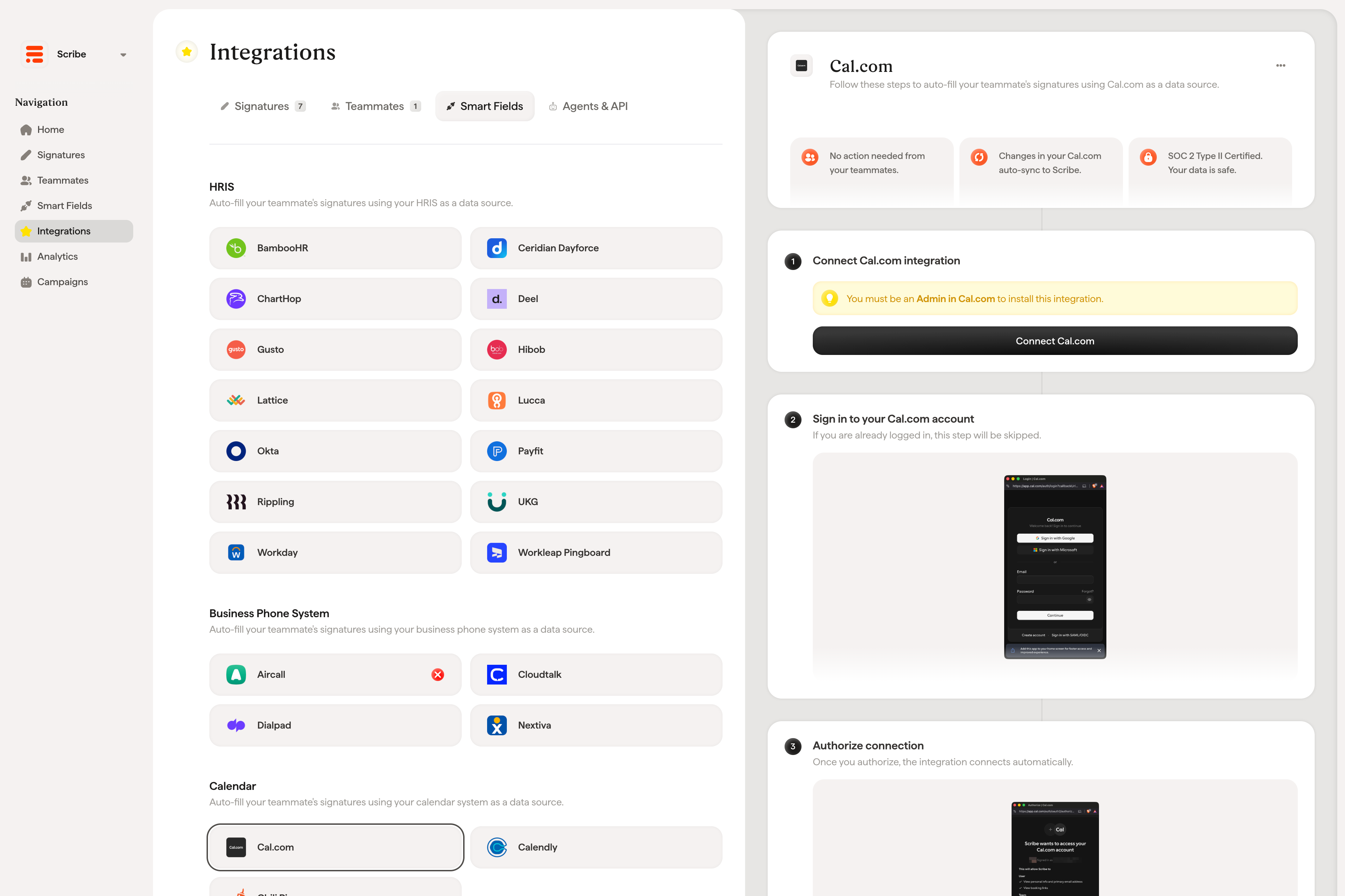 Connect Cal.com button in Scribe integration setup