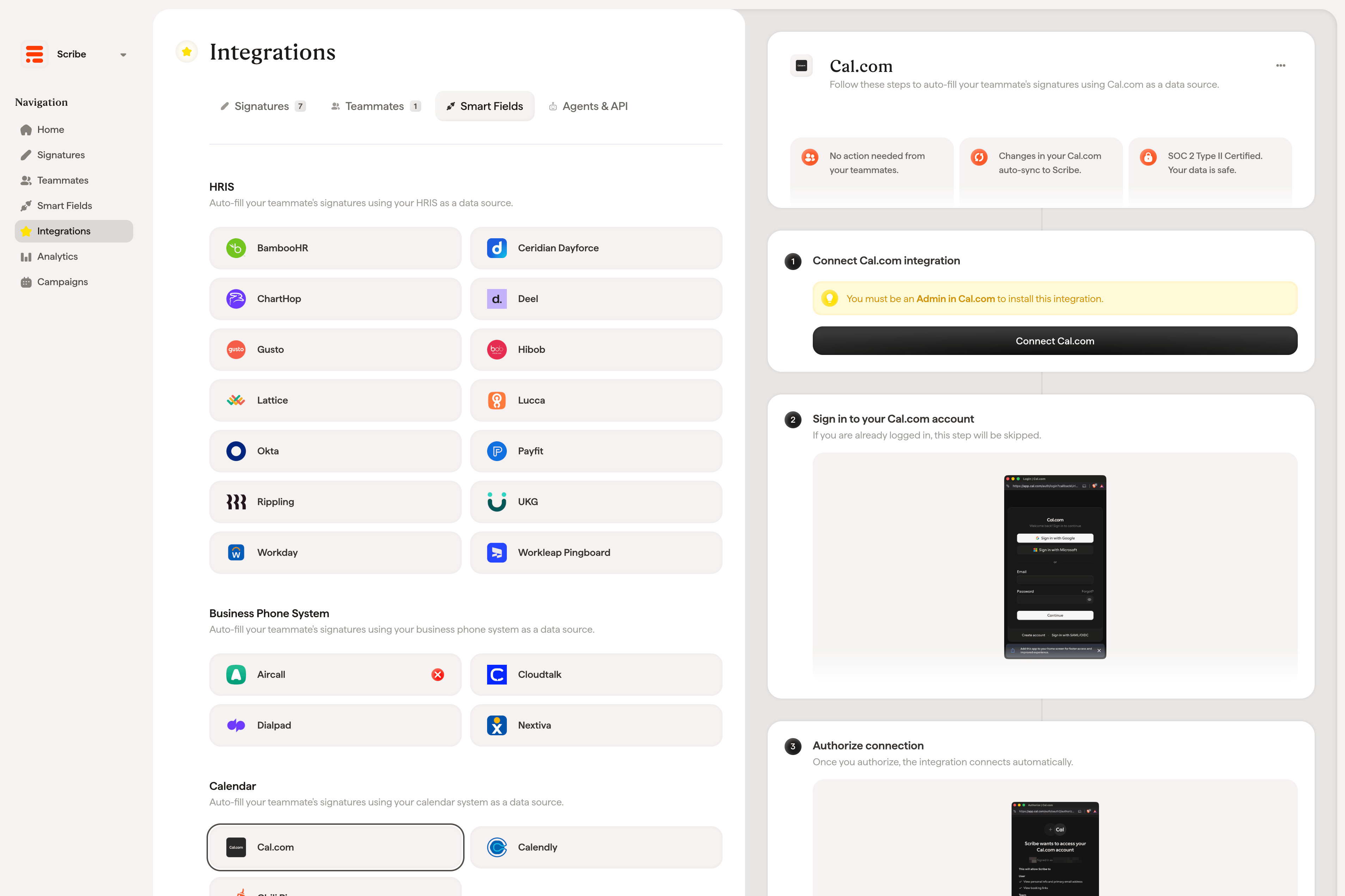 Connect Cal.com button in Scribe integration setup