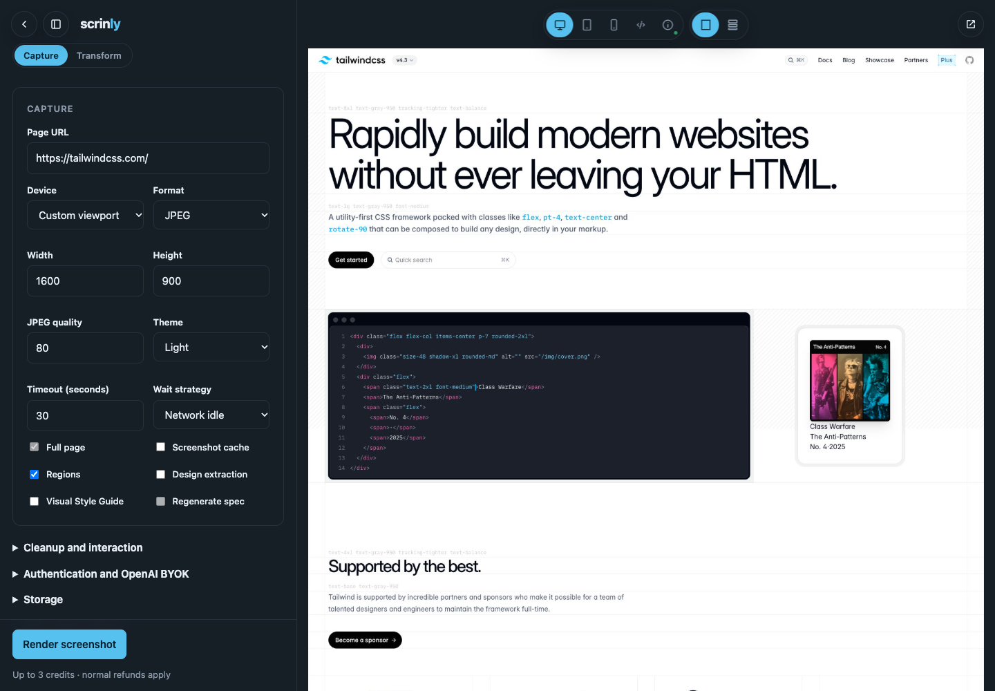 Playground in Capture mode with viewport and region options beside a saved Tailwind CSS screenshot.